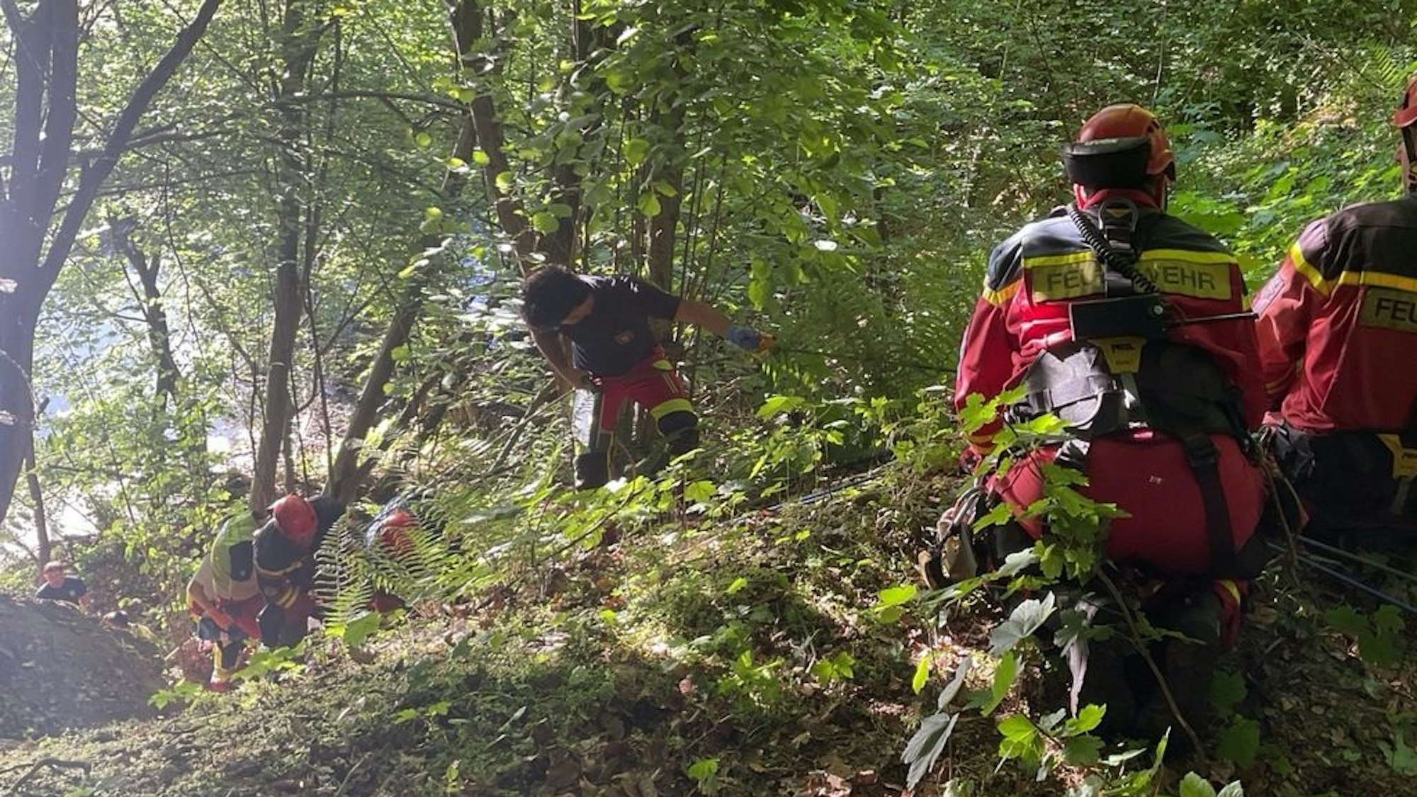 Einsatzkräfte der Höhenrettung bei einer schwierigen Rettungsaktion in unwegsamem Gelände am Pumpspeicherbecken in Herdecke.