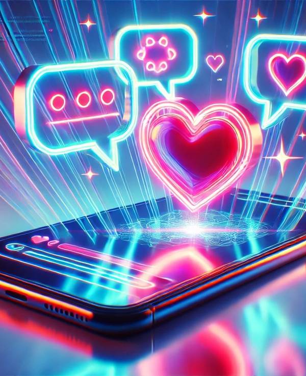 Smartphone mit Herz in Neonfarben.