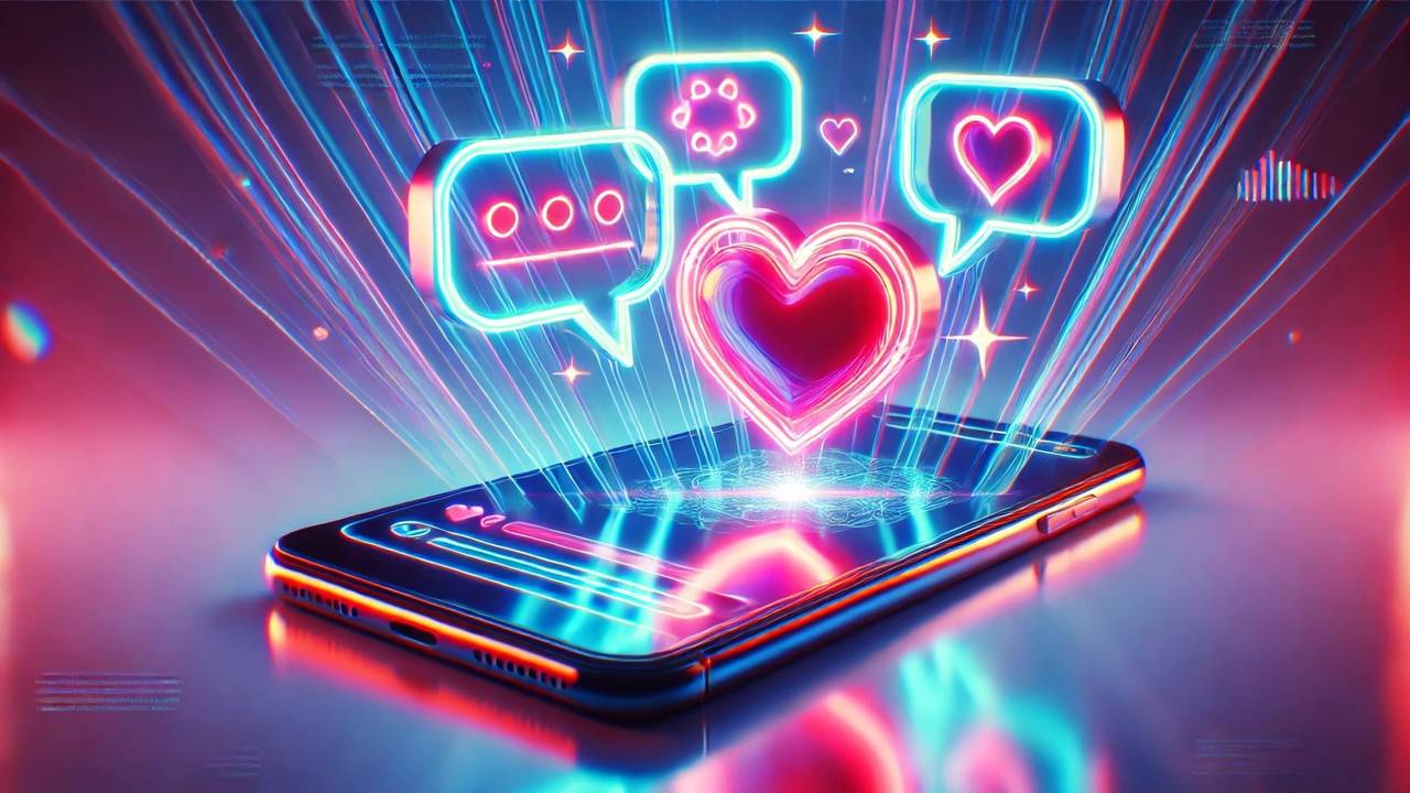 Smartphone mit Herz in Neonfarben.