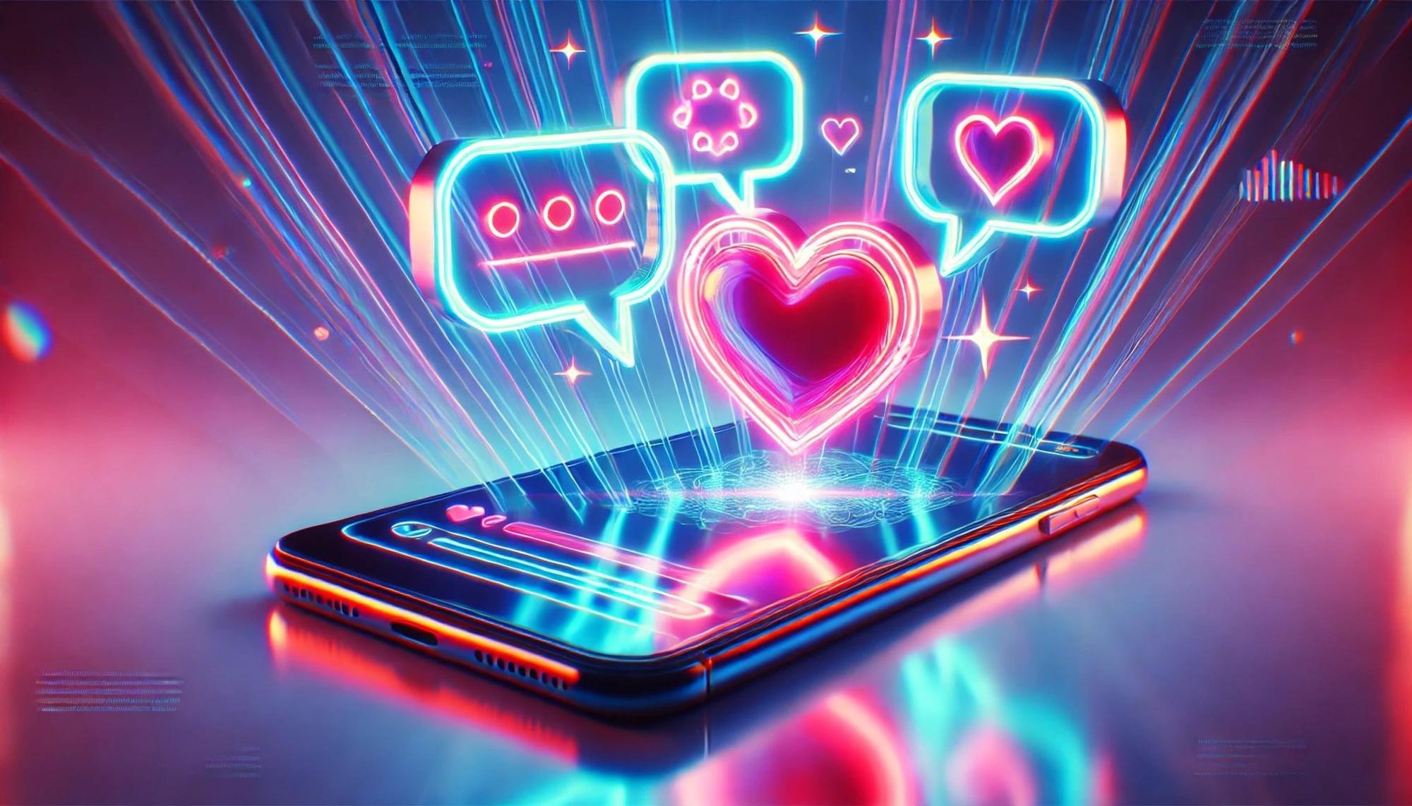 Smartphone mit Herz in Neonfarben.