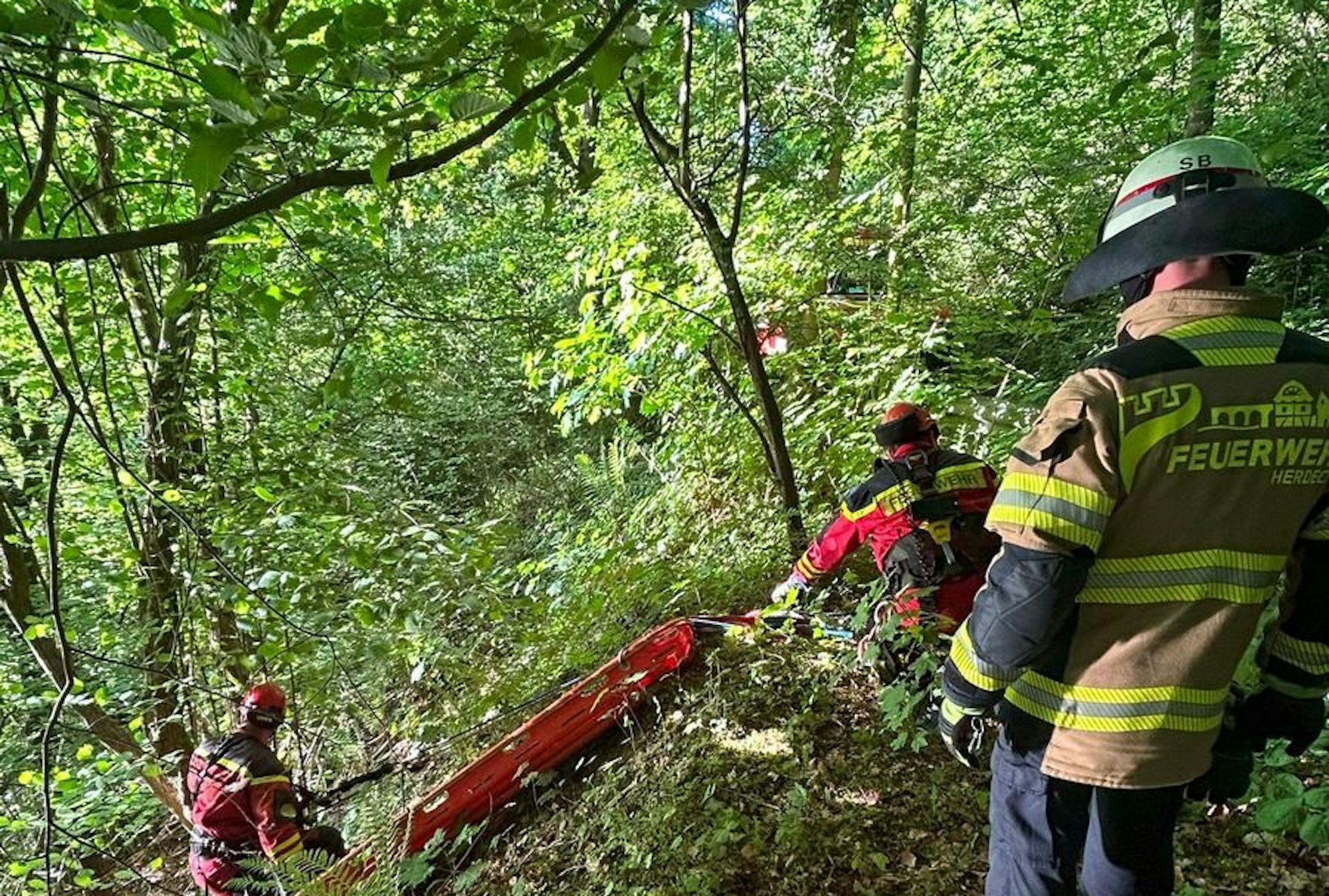 Einsatzkräfte bei einer schwierigen Rettungsaktion über einen Steilhang am Silbersee. Ein 16-Jähriger musste nach einem Unfall mit lebensgefährlichen Kopfverletzungen gerettet werden.