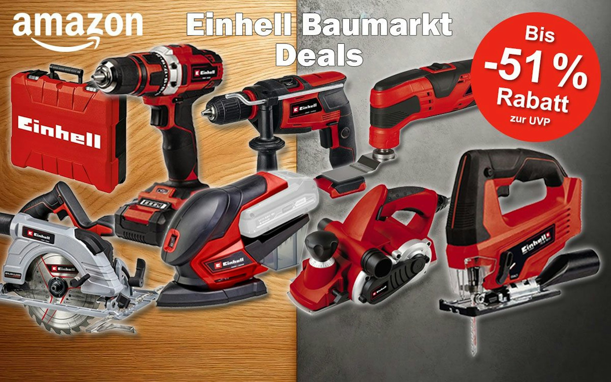 Einhell Werkzeug im Amazon Baumarkt Sale: Akku Bohrschrauber, Stichsäge, Kreissäge, Elektrohobel, Multifunktionswerkzeug, Winkelschleifer, Werkzeugkoffer vor Hintergrund mit Holz- und Betonplatte.