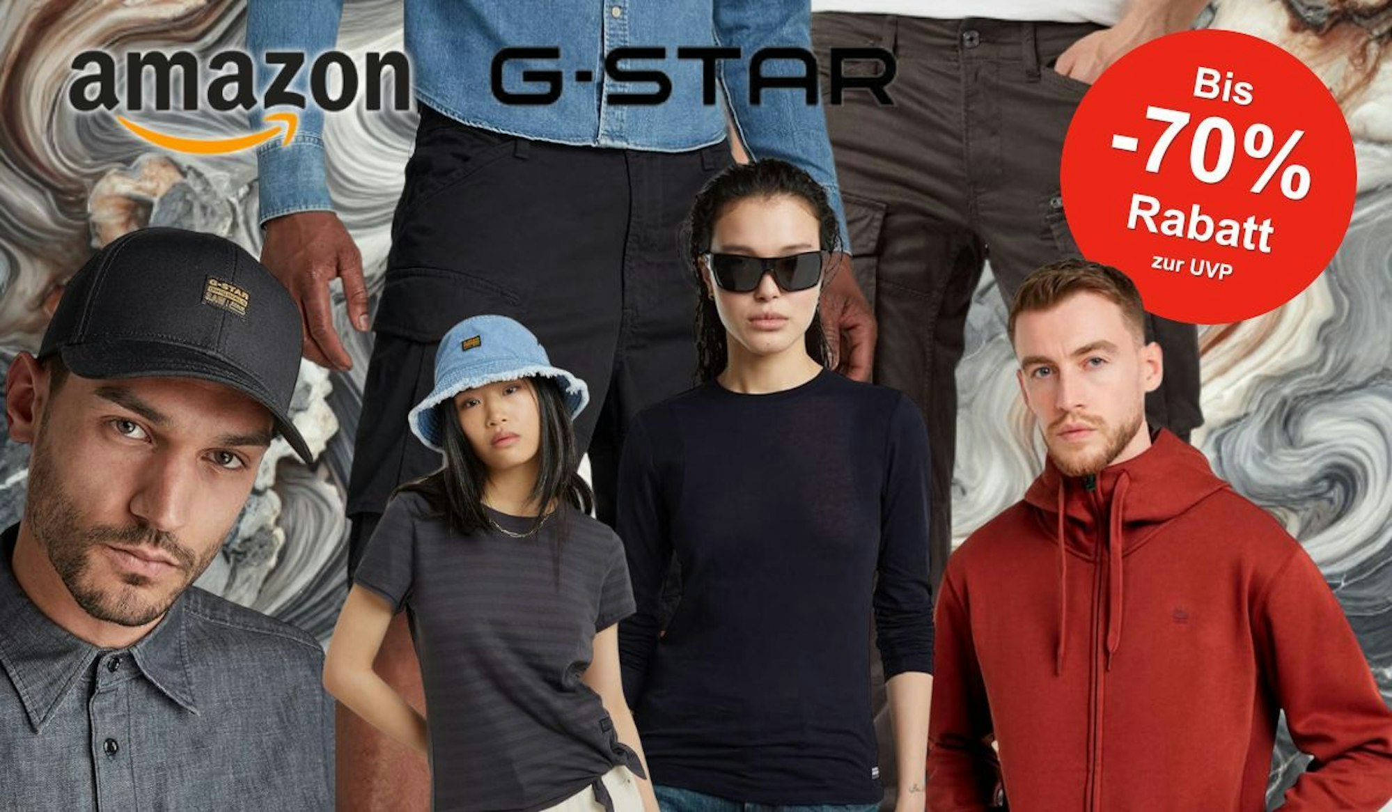 Auf dem Bild sind Models zu sehen, die G Star Mode gekonnt in Szene setzen.