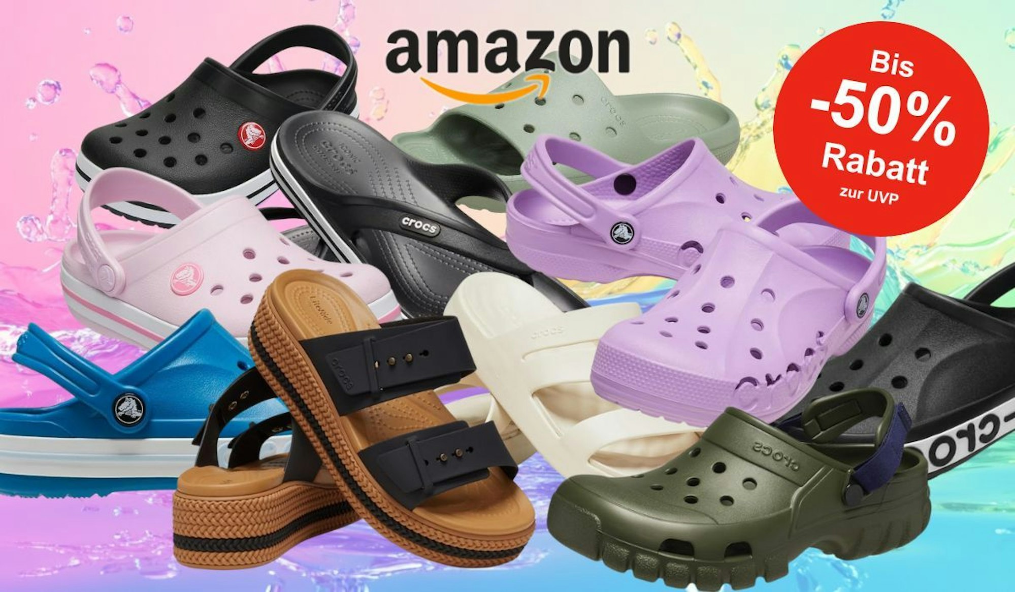 Auf dem Bild sind ganz viele Crocs Modelle und Varianten zu sehen.