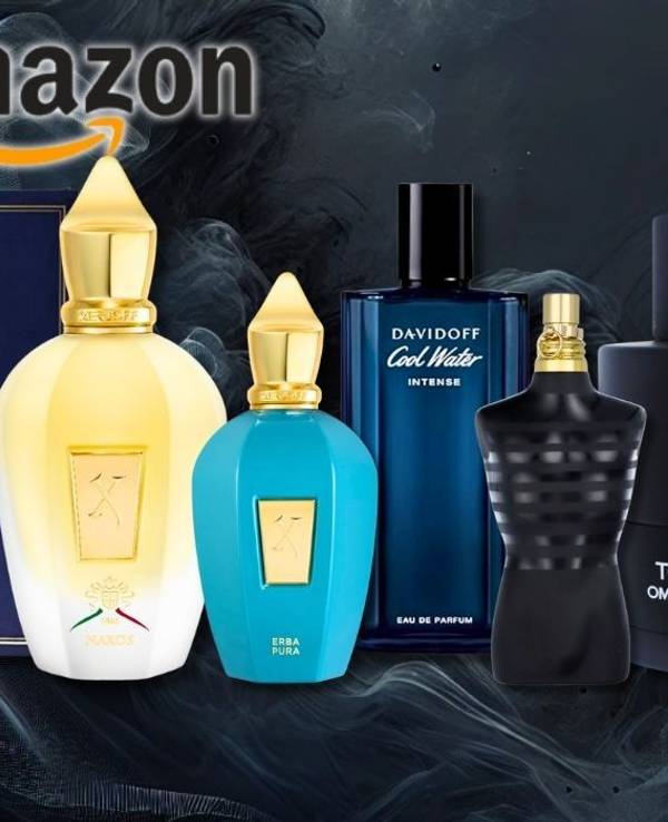 Eine Auswahl luxuriöser Herrenparfüms von Marken wie Xerjoff, Davidoff, Jean Paul Gaultier, Tom Ford, Dior und Paco Rabanne vor einem dunklen, rauchigen Hintergrund.
