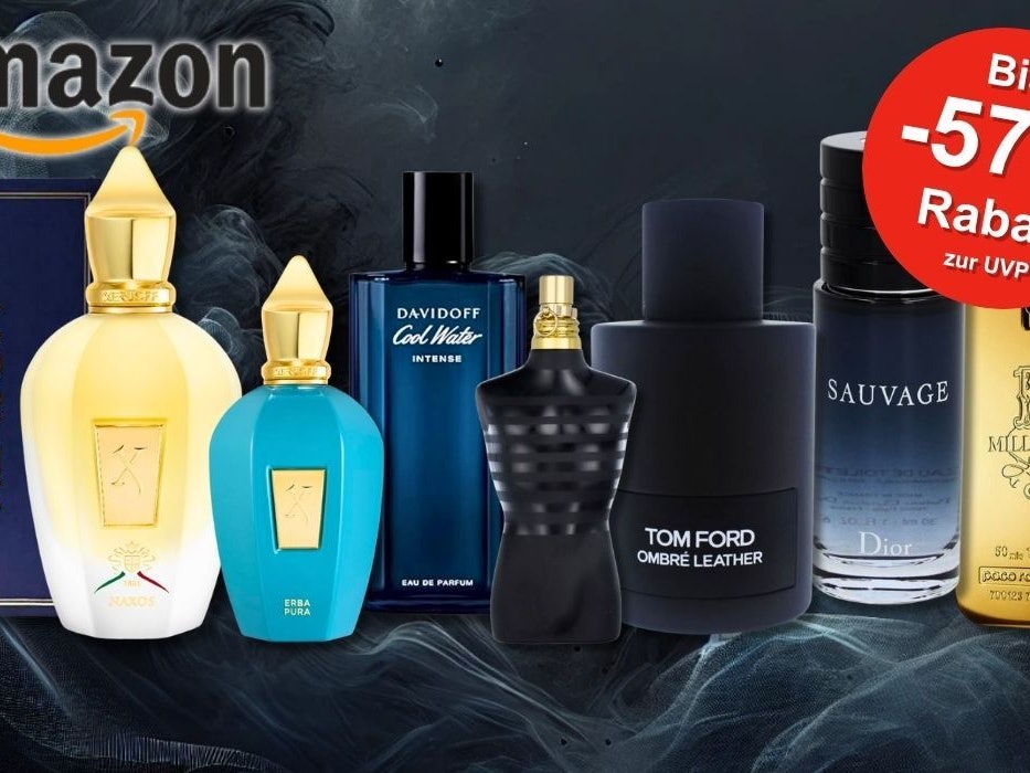 Eine Auswahl luxuriöser Herrenparfüms von Marken wie Xerjoff, Davidoff, Jean Paul Gaultier, Tom Ford, Dior und Paco Rabanne vor einem dunklen, rauchigen Hintergrund.