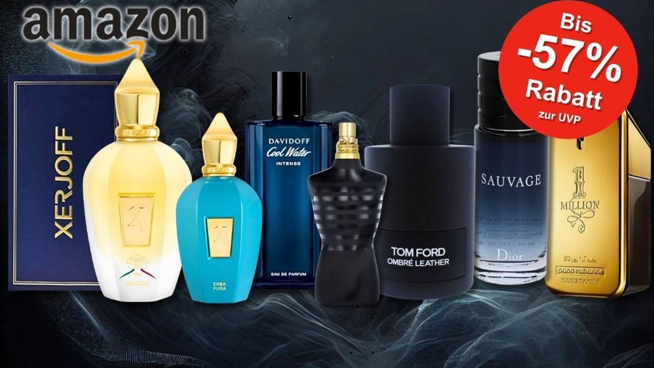 Eine Auswahl luxuriöser Herrenparfüms von Marken wie Xerjoff, Davidoff, Jean Paul Gaultier, Tom Ford, Dior und Paco Rabanne vor einem dunklen, rauchigen Hintergrund.
