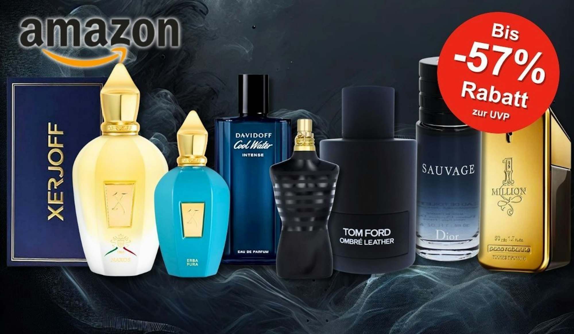 Eine Auswahl luxuriöser Herrenparfüms von Marken wie Xerjoff, Davidoff, Jean Paul Gaultier, Tom Ford, Dior und Paco Rabanne vor einem dunklen, rauchigen Hintergrund.
