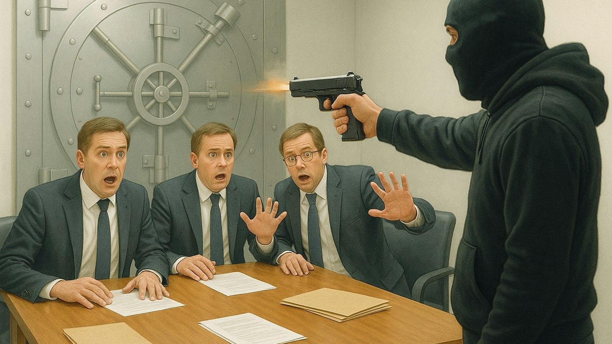 Das Symbolbild wurde mithilfe künstlicher Intelligenz mit ChatGPT erstellt. Dargestellt wird der Angriff auf die Bankmitarbeiter.