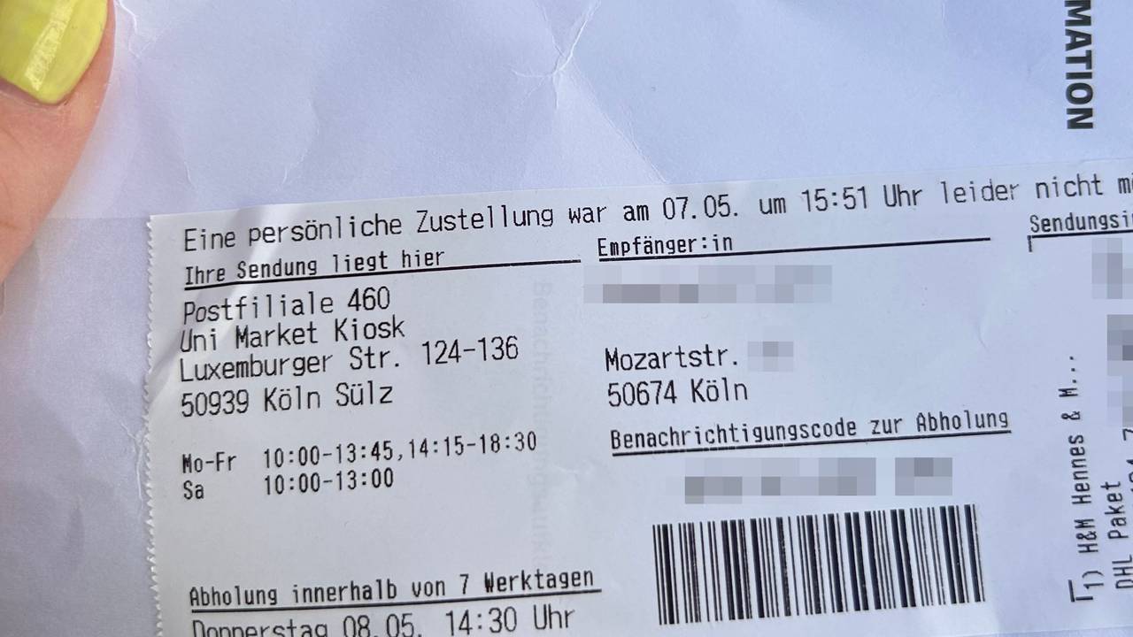 Das Foto zeigt den Paketschein für die DHL-Lieferung und den Ablageort in der Luxemburger Straße.