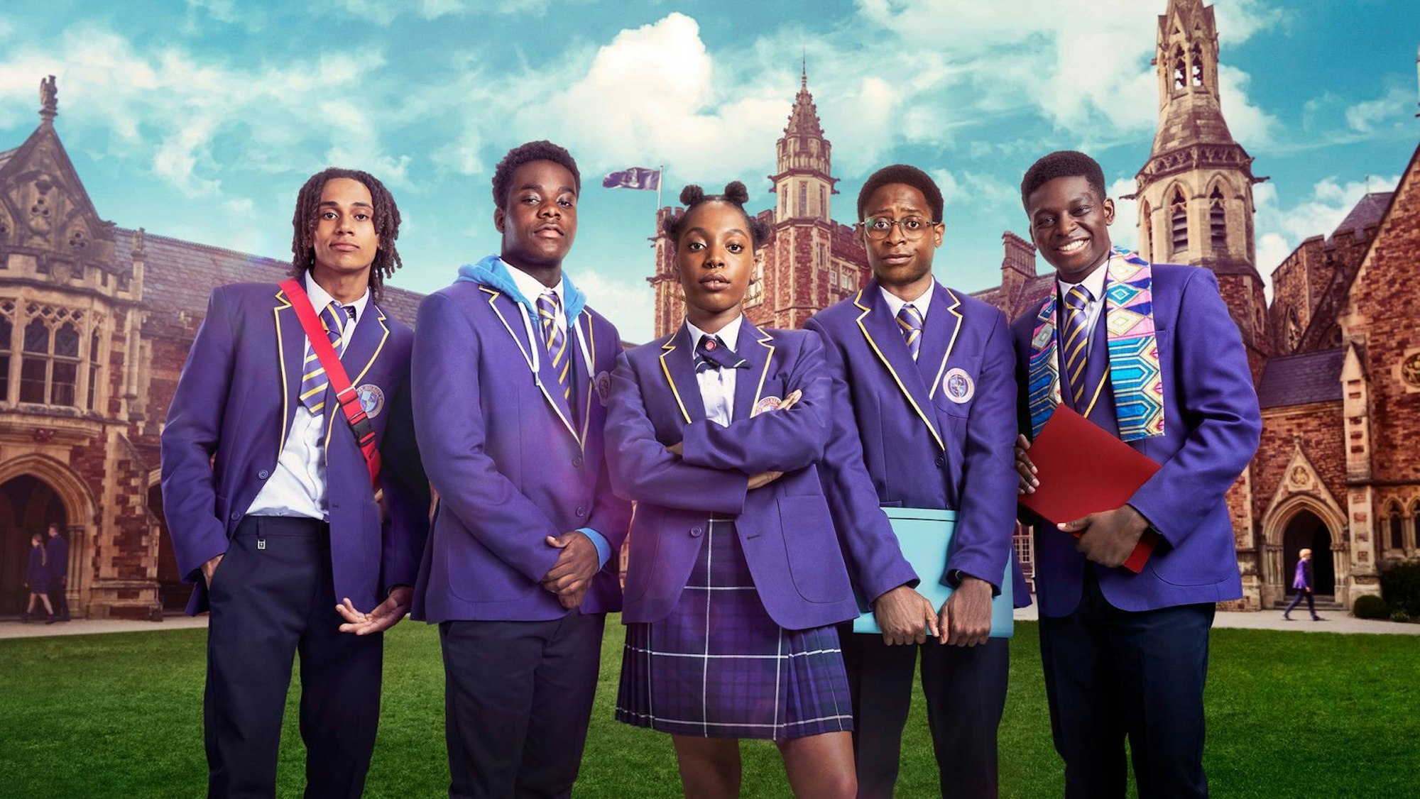 Toby (Sekou Diaby, von links), Jaheim (Josh Tedeku), Leah (Jodie Campbell), Omar (Myles Kamwendo) und Femi (Aruna Jalloh) wagen den Sprung ins Ungewisse. Wie wird es ihnen auf der Eliteschule ergehen? (Bild: ZDF/ Studio Lambert & All3Media International.)