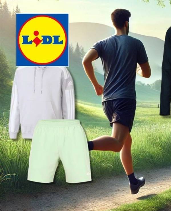 Ein sportlicher aktiver Mann beim Joggen durch eine sonnige Frühlingslandschaft, flankiert von einer Auswahl an reduzierter Sportbekleidung namhafter Marken wie Nike, adidas, Hummel und Umbro.