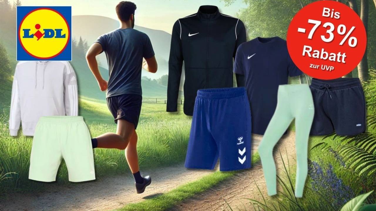 Ein sportlicher aktiver Mann beim Joggen durch eine sonnige Frühlingslandschaft, flankiert von einer Auswahl an reduzierter Sportbekleidung namhafter Marken wie Nike, adidas, Hummel und Umbro.