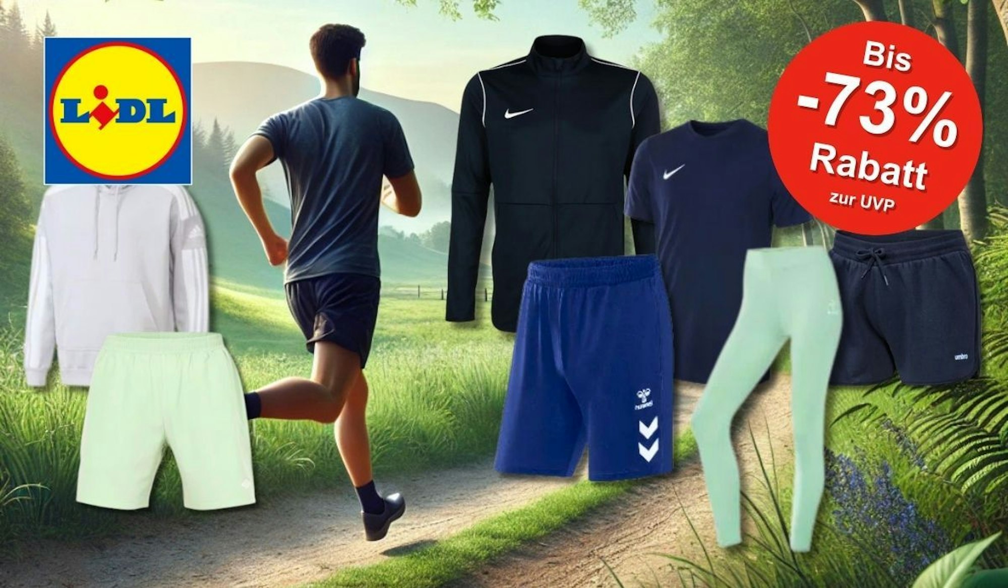 Ein sportlicher aktiver Mann beim Joggen durch eine sonnige Frühlingslandschaft, flankiert von einer Auswahl an reduzierter Sportbekleidung namhafter Marken wie Nike, adidas, Hummel und Umbro.