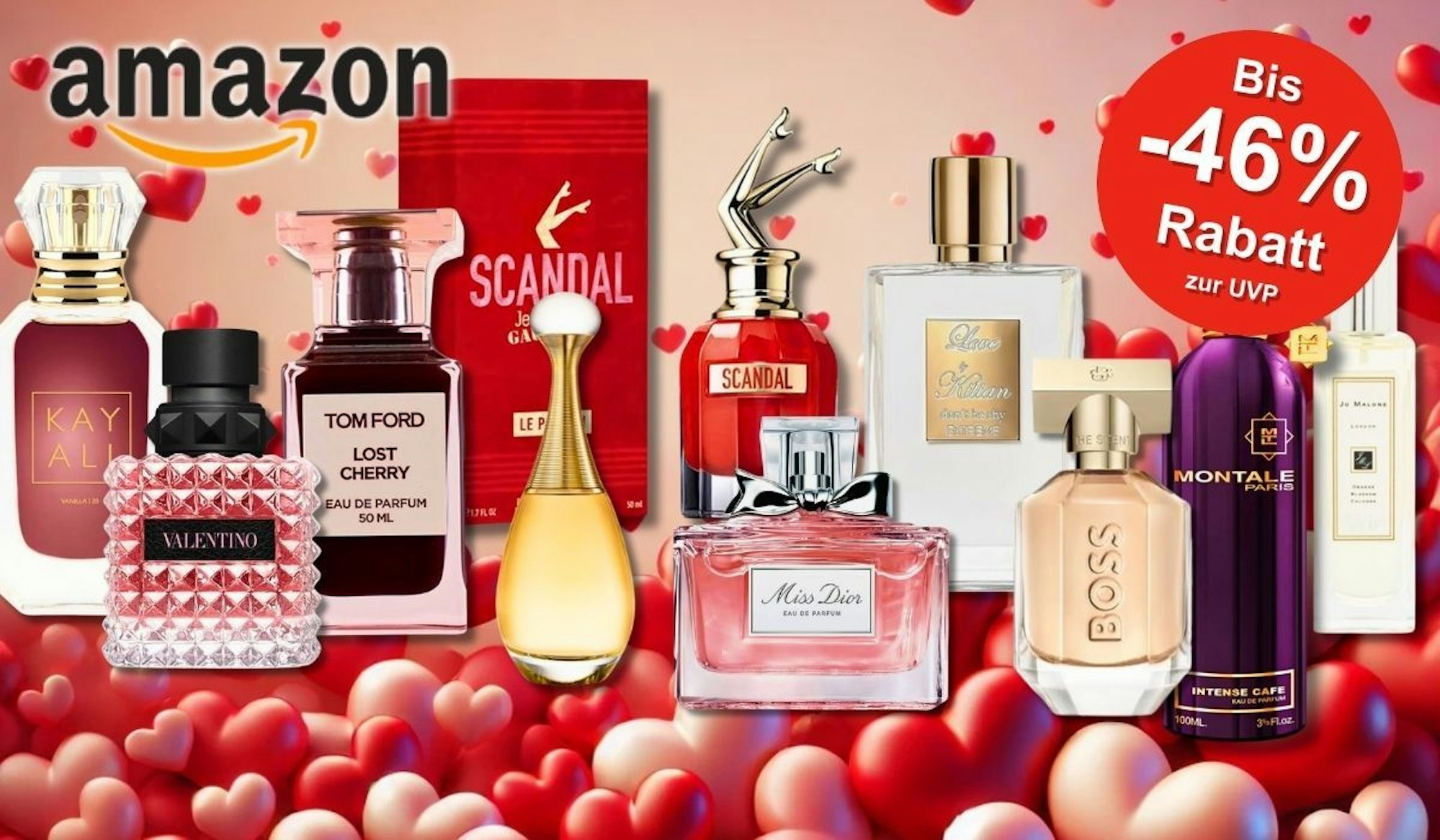 Eine Auswahl hochwertiger Damen Parfums vor einem romantischen Hintergrund mit Herzmotiven. Von Miss Dior, Tom Ford Lost Cherry, Kayali, Montale, JPG Scandal, BOSS The Scent und mehr.