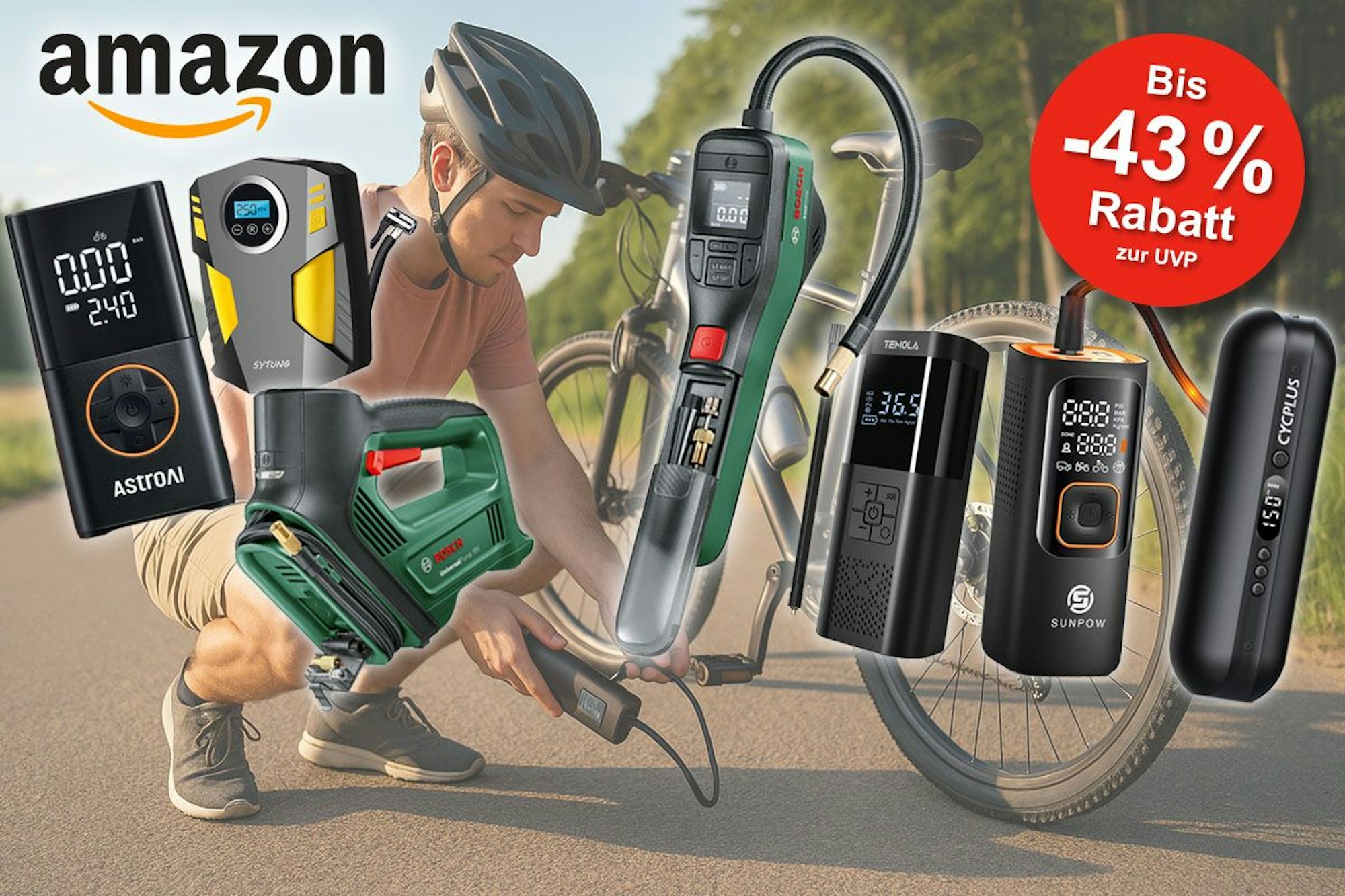 Elektrische Fahrrad Luftpumpen wie Bosch EasyPump und weitere Marken und Modelle von Astro AI, Cyclus, Sunpow oder Bestyks vor einem Fahrradfahrer mit Helm, der auf einer Landstraße seinen Hinterreifen aufpumpen will.