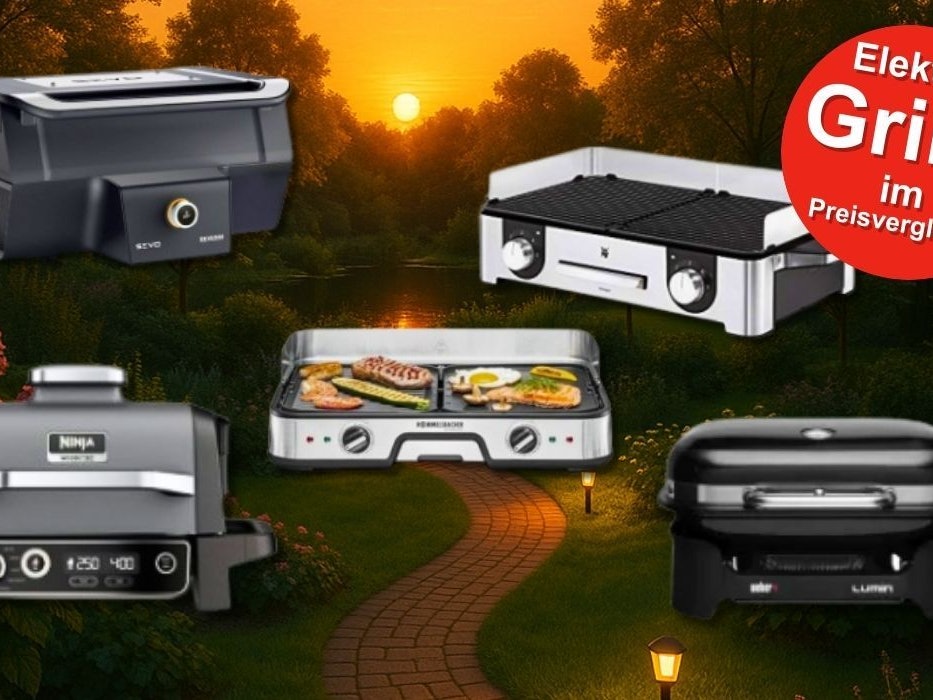 Eine Auswahl aktueller Elektrogrills – darunter Modelle von Ninja, Severin, WMF, Rommelsbacher und Weber – vor einer malerischen Gartenkulisse bei Sonnenuntergang.