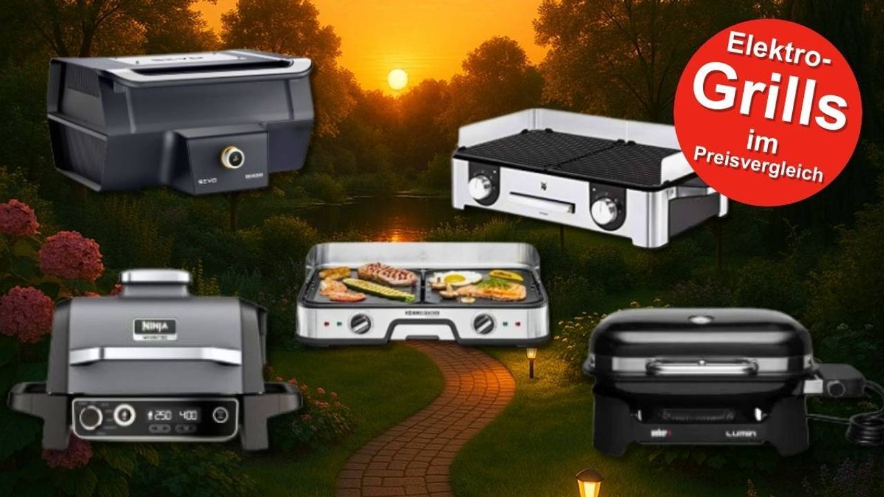 Eine Auswahl aktueller Elektrogrills – darunter Modelle von Ninja, Severin, WMF, Rommelsbacher und Weber – vor einer malerischen Gartenkulisse bei Sonnenuntergang.
