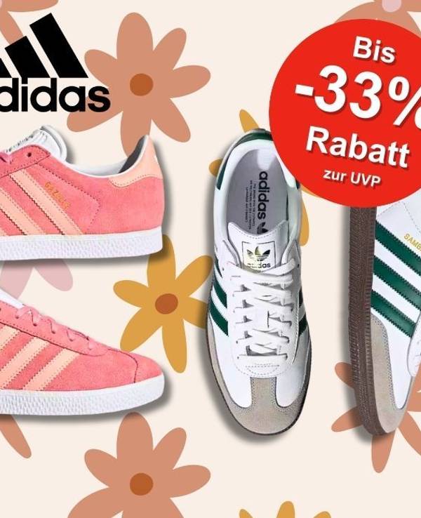 Die beliebten adidas Sneaker Samba, Gazelle und Campus vor einem floralen Sommer-Hintergrund.