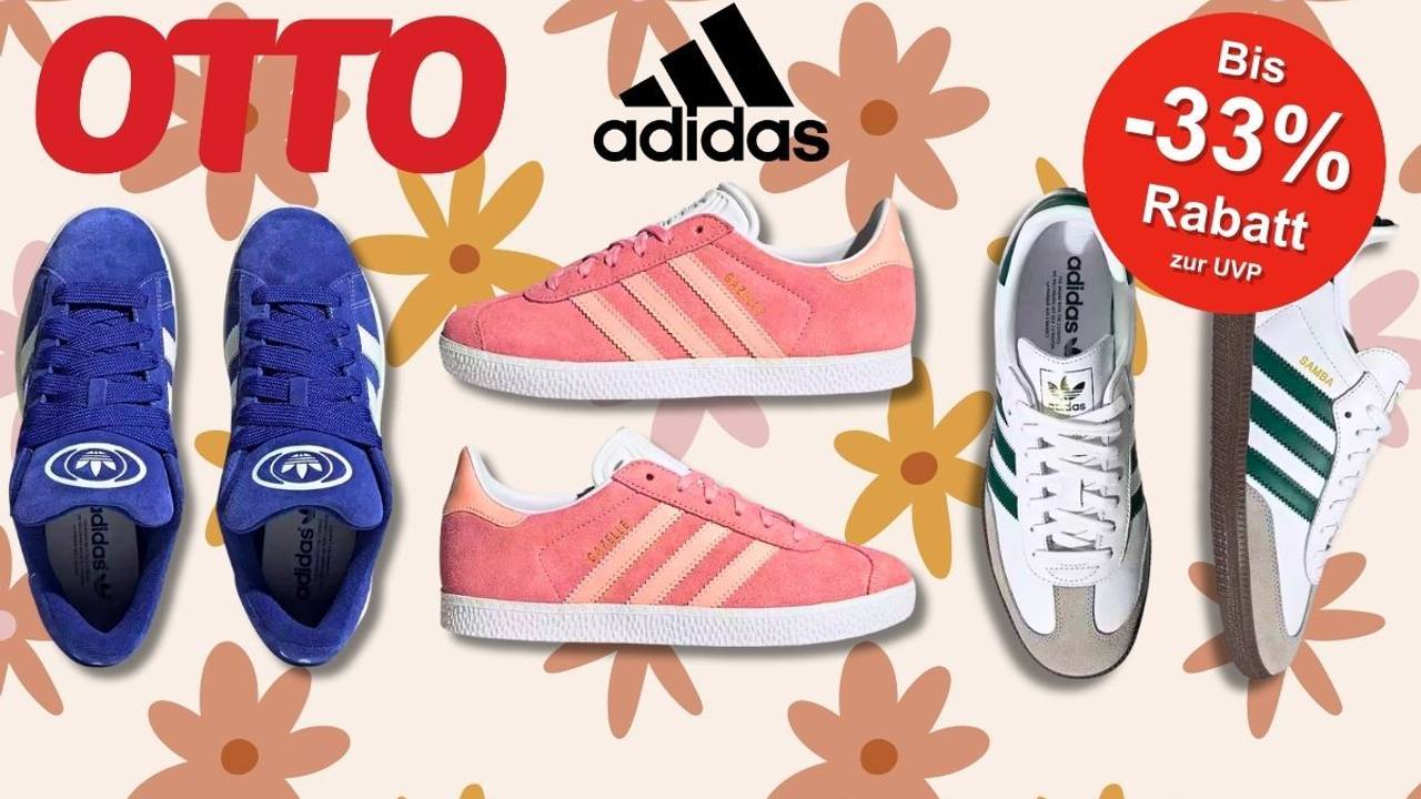 Die beliebten adidas Sneaker Samba, Gazelle und Campus vor einem floralen Sommer-Hintergrund.