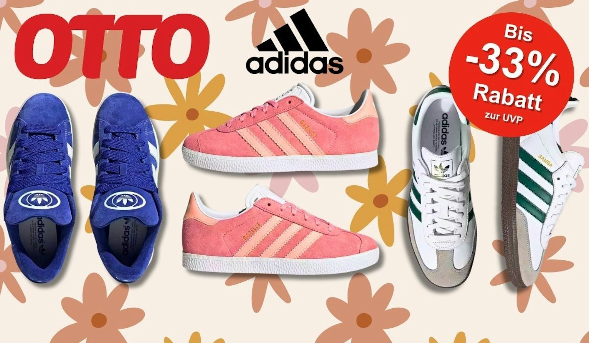 Die beliebten adidas Sneaker Samba, Gazelle und Campus vor einem floralen Sommer-Hintergrund.