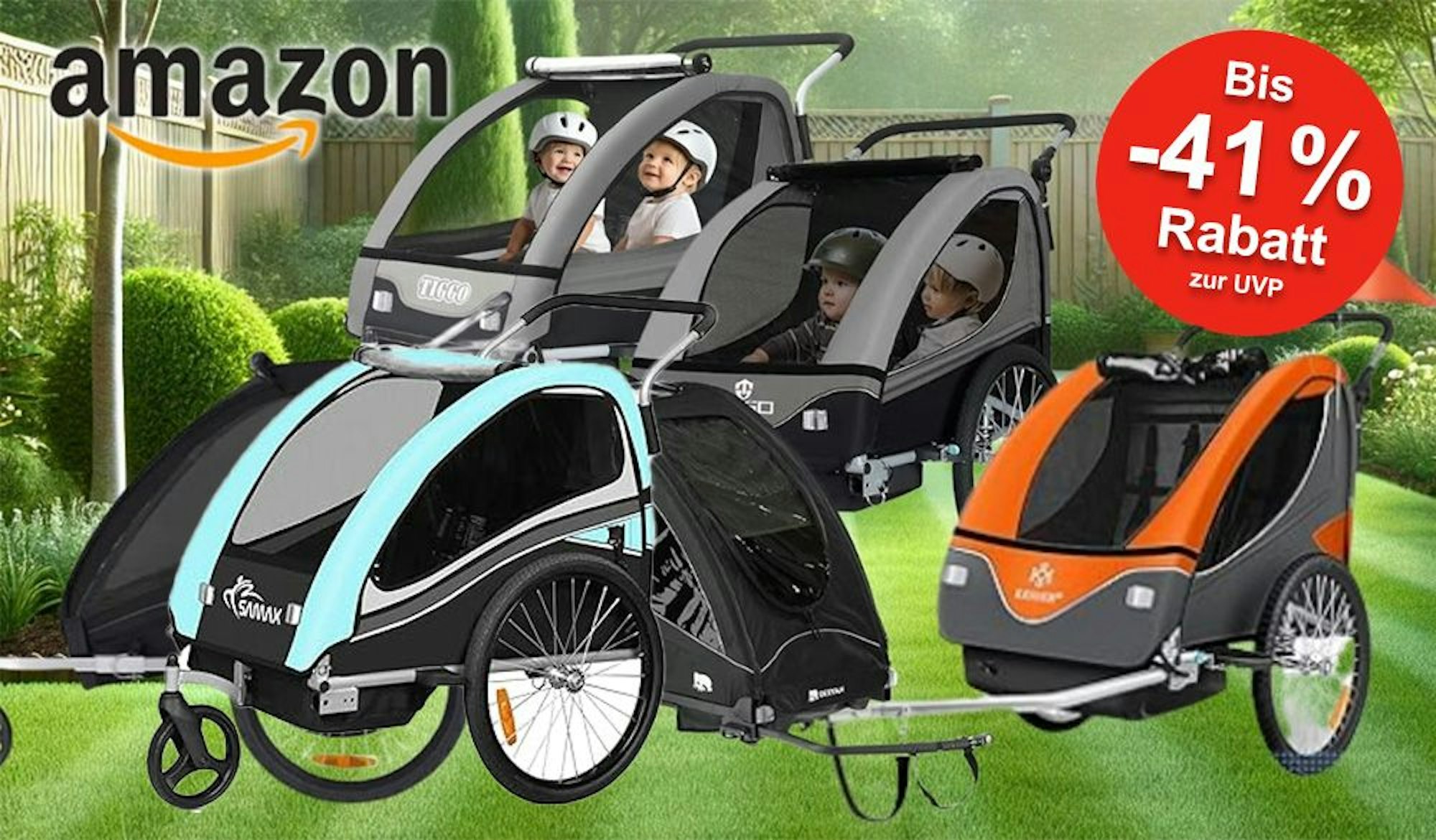 Kinder Fahrradanhänger verschiedener Marken vor einem grünen Garten im Hintergrund.