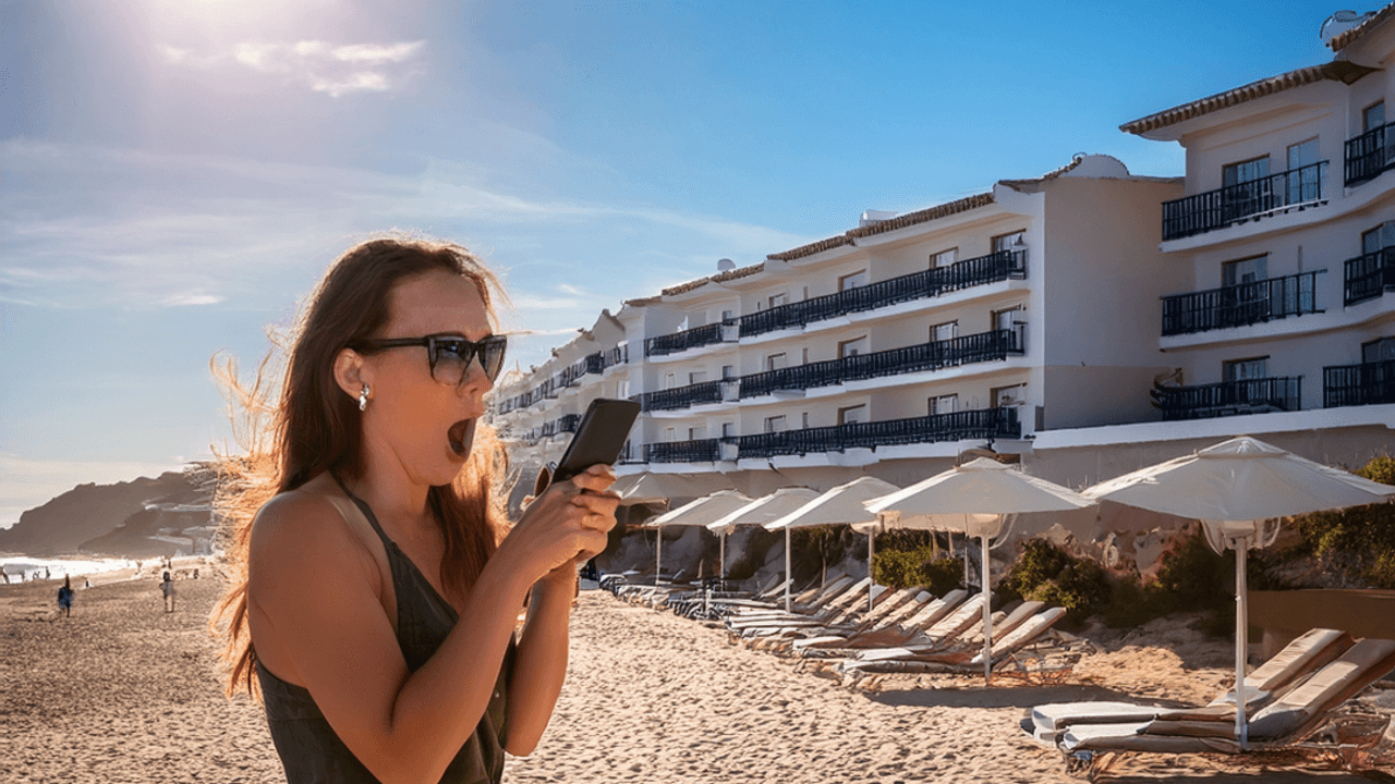 Das mit künstlicher Intelligenz erstellte Bild zeigt eine erschrockene Frau vor einer Anlage mit Ferienwohnungen in Spanien.