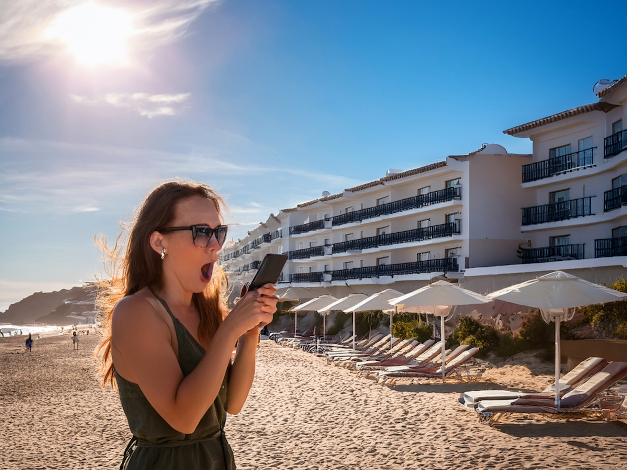 Das mit künstlicher Intelligenz erstellte Bild zeigt eine erschrockene Frau vor einer Anlage mit Ferienwohnungen in Spanien.