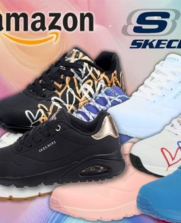 Skechers UNO Sneaker Shimmer, Stand on Air, Night Shades und mehr in verschiedenen Farben vor buntem Hintergrund.