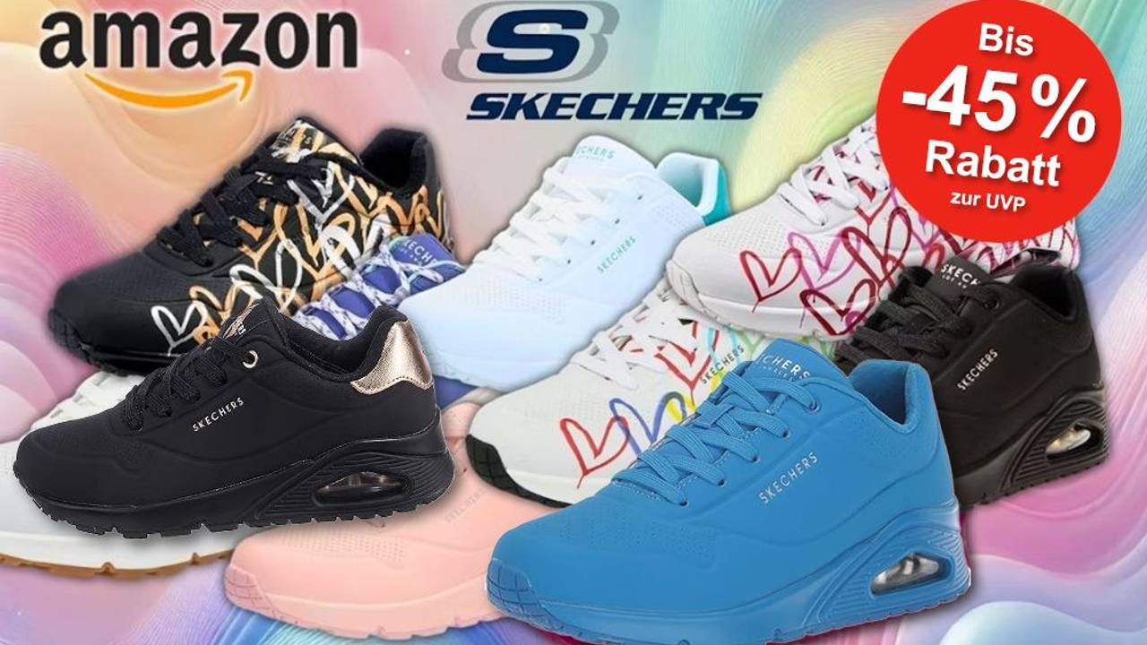Skechers UNO Sneaker Shimmer, Stand on Air, Night Shades und mehr in verschiedenen Farben vor buntem Hintergrund.