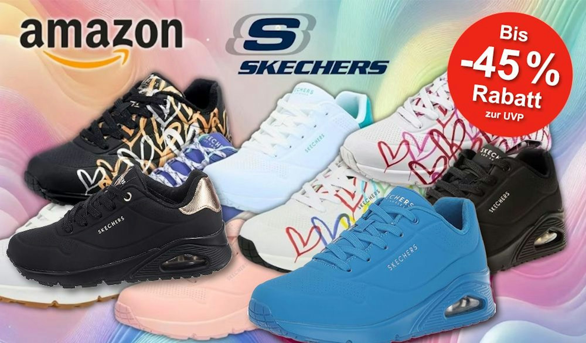 Skechers UNO Sneaker Shimmer, Stand on Air, Night Shades und mehr in verschiedenen Farben vor buntem Hintergrund.