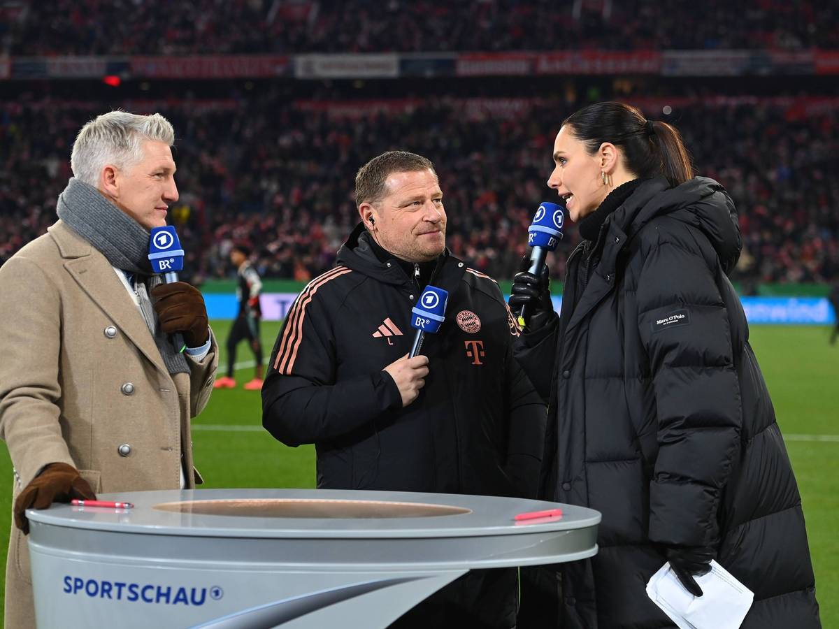Bayern-Sportvorstand Max Eberl am 3. Dezember 2024 vor dem DFB-Pokal-Achtelfinale gegen Bayer Leverkusen im ARD-Interview mit Moderatorin Esther Sedlaczek.