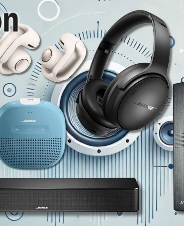 Eine Auswahl beliebter Bose-Produkte – darunter kabellose Over-Ear-Kopfhörer, In-Ear-Earbuds, tragbare Bluetooth-Lautsprecher, eine Soundbar und elegante Lautsprecherboxen – vor einem stylisierten Hintergrund mit Klangwellen.