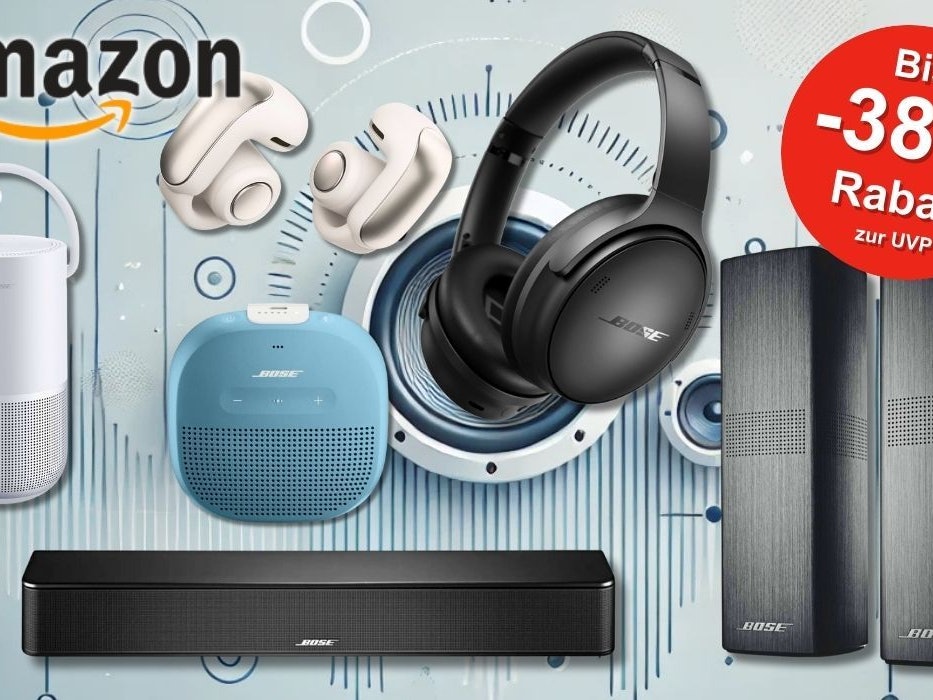 Eine Auswahl beliebter Bose-Produkte – darunter kabellose Over-Ear-Kopfhörer, In-Ear-Earbuds, tragbare Bluetooth-Lautsprecher, eine Soundbar und elegante Lautsprecherboxen – vor einem stylisierten Hintergrund mit Klangwellen.