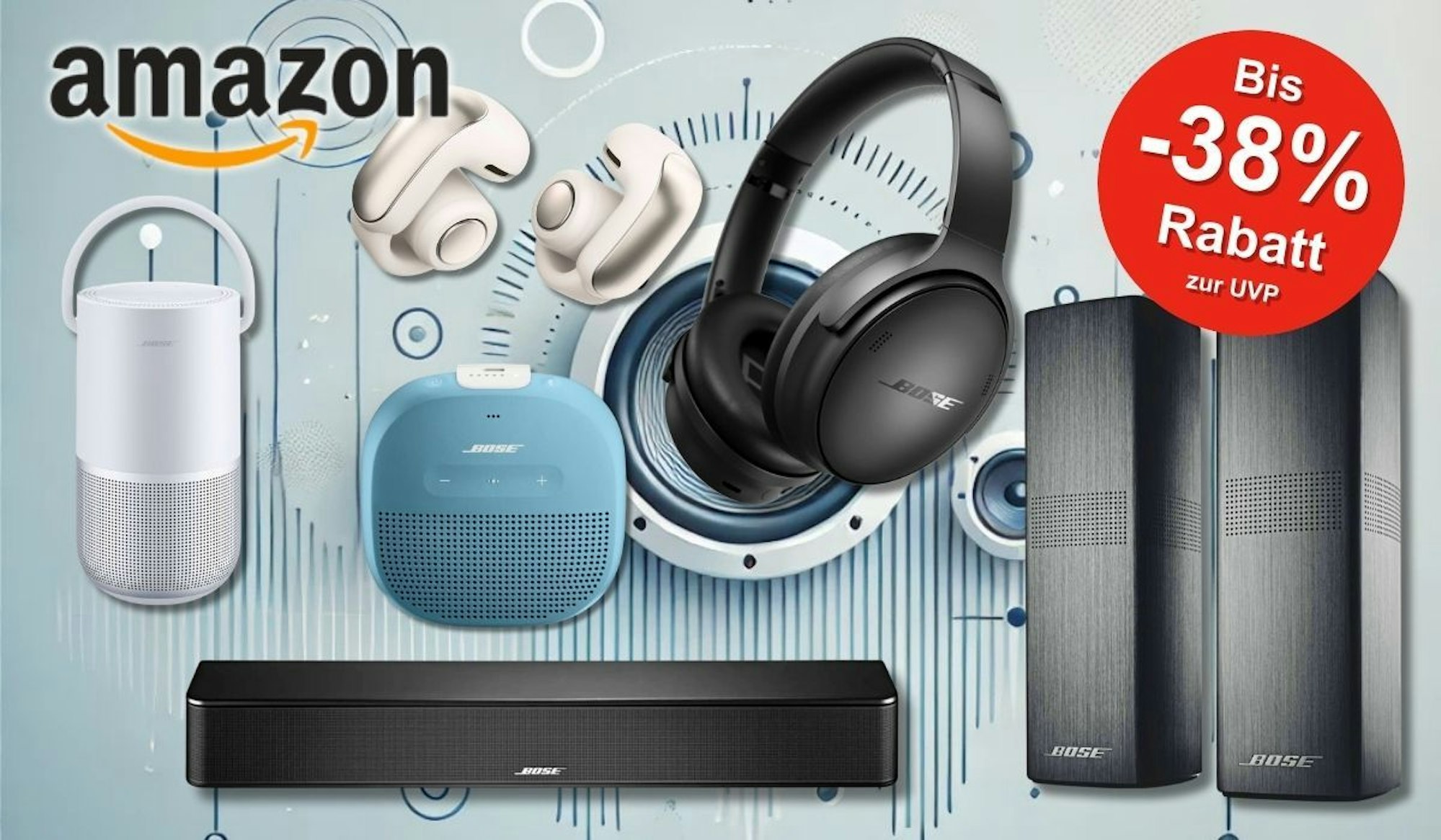 Eine Auswahl beliebter Bose-Produkte – darunter kabellose Over-Ear-Kopfhörer, In-Ear-Earbuds, tragbare Bluetooth-Lautsprecher, eine Soundbar und elegante Lautsprecherboxen – vor einem stylisierten Hintergrund mit Klangwellen.