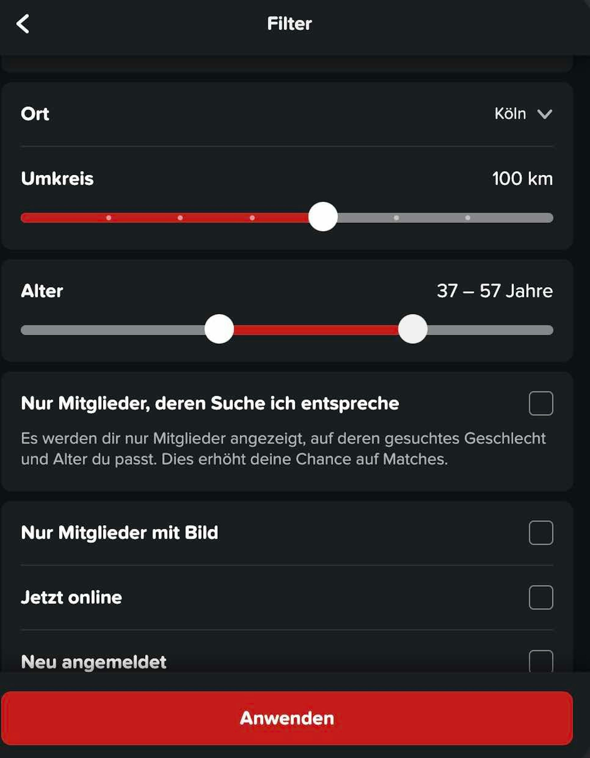 Screenshot Joyclub Filterfunktionen.