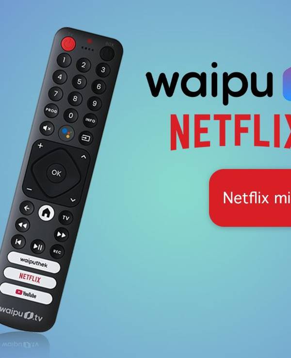 Waipu.tv- und Netflix-Logo sowie Fernbedienung auf blauem Hintergrund.