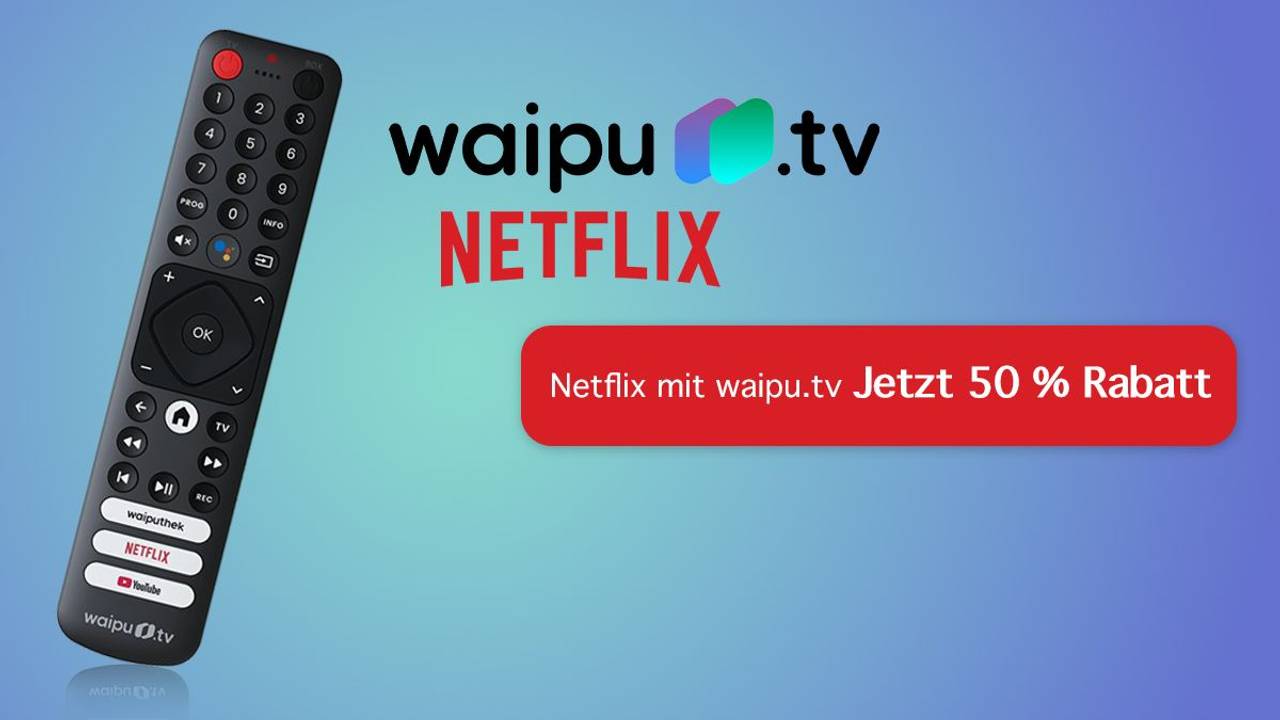 Waipu.tv- und Netflix-Logo sowie Fernbedienung auf blauem Hintergrund.