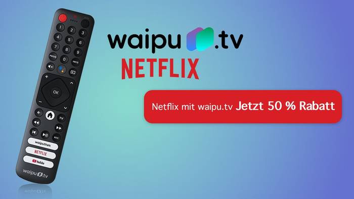 Waipu.tv- und Netflix-Logo sowie Fernbedienung auf blauem Hintergrund.