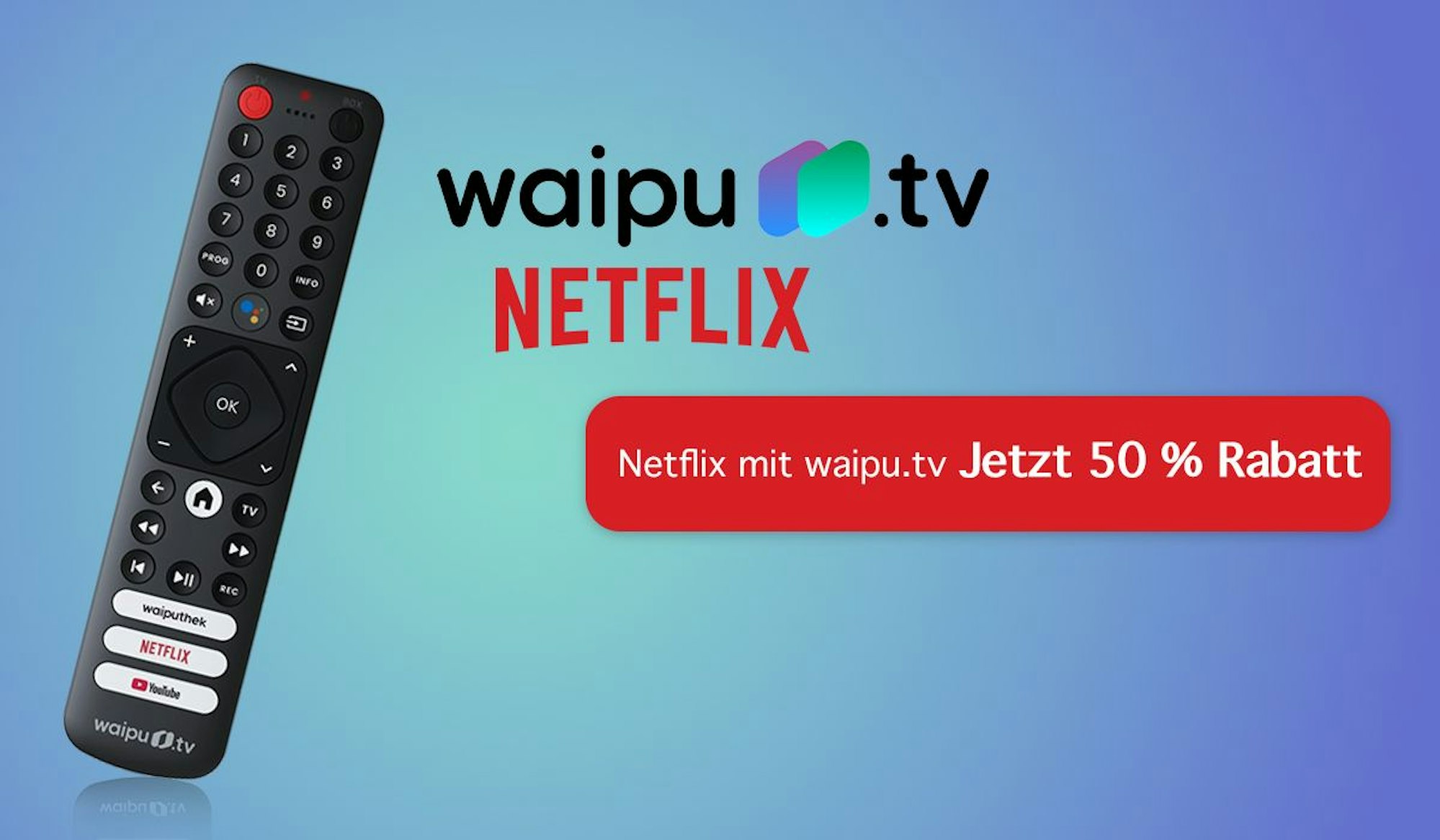 Waipu.tv- und Netflix-Logo sowie Fernbedienung auf blauem Hintergrund.