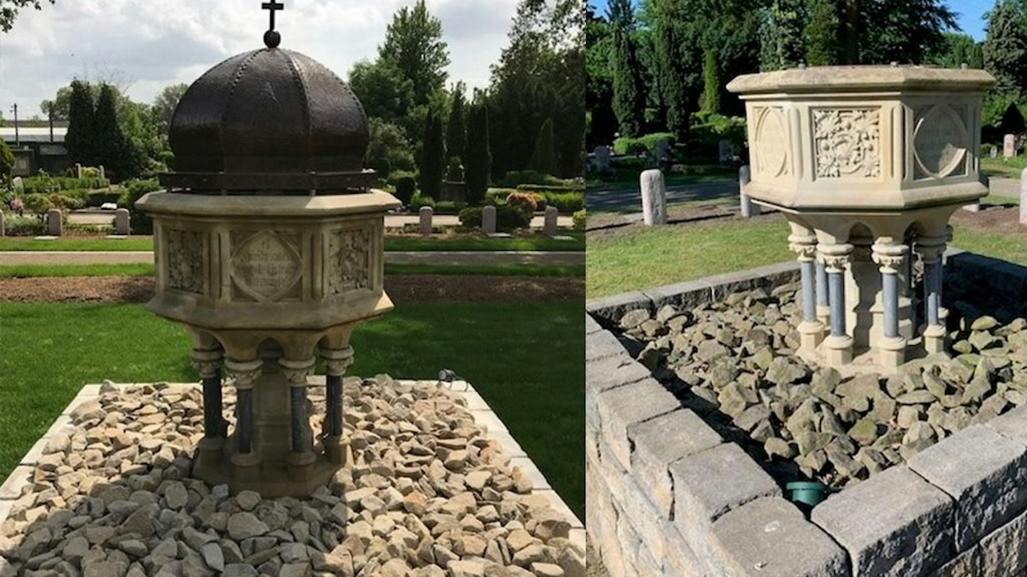 Diebstahl eines sakralen Gegenstandes auf dem Friedhof in Gelsenkirchen-Bismarck. Die Kupferhaube eines alten Taufbeckens wurde entwendet.