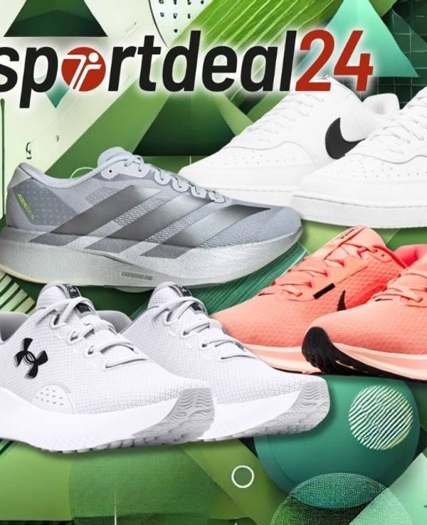 Sneaker Modelle von Top-Marken wie Nike, Adidas, Puma, Under Armour und Hummel vor einem grünen Hintergrund.