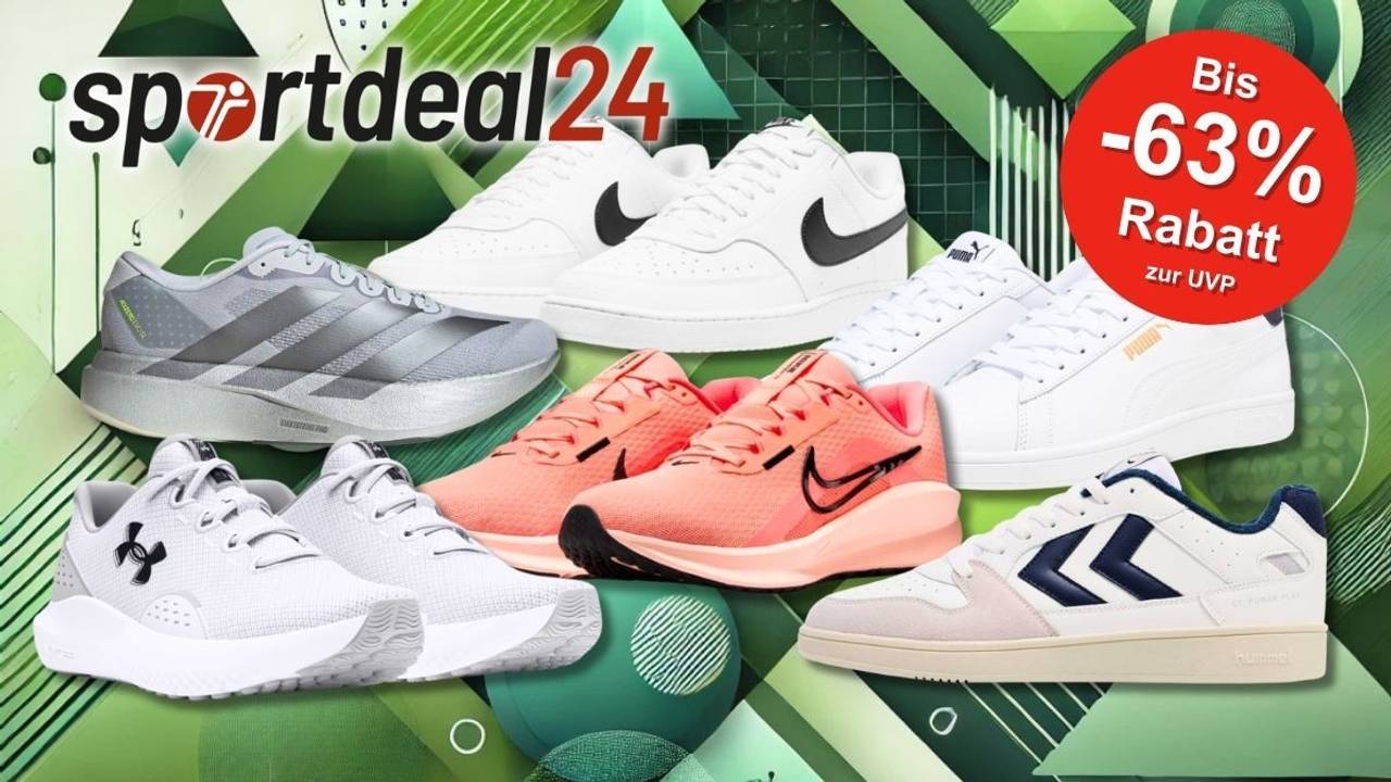 Sneaker Modelle von Top-Marken wie Nike, Adidas, Puma, Under Armour und Hummel vor einem grünen Hintergrund.
