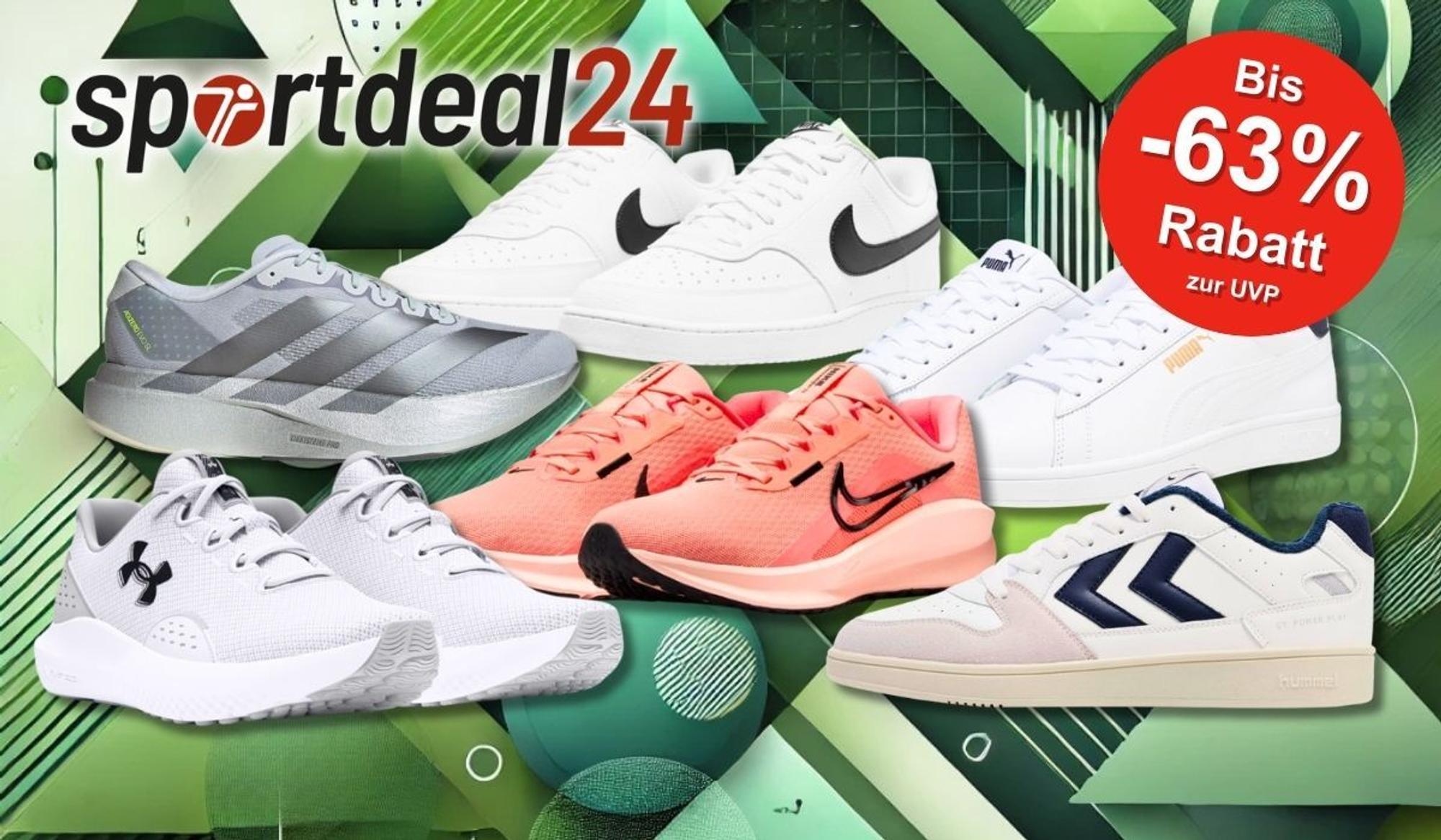Sneaker Modelle von Top-Marken wie Nike, Adidas, Puma, Under Armour und Hummel vor einem grünen Hintergrund.