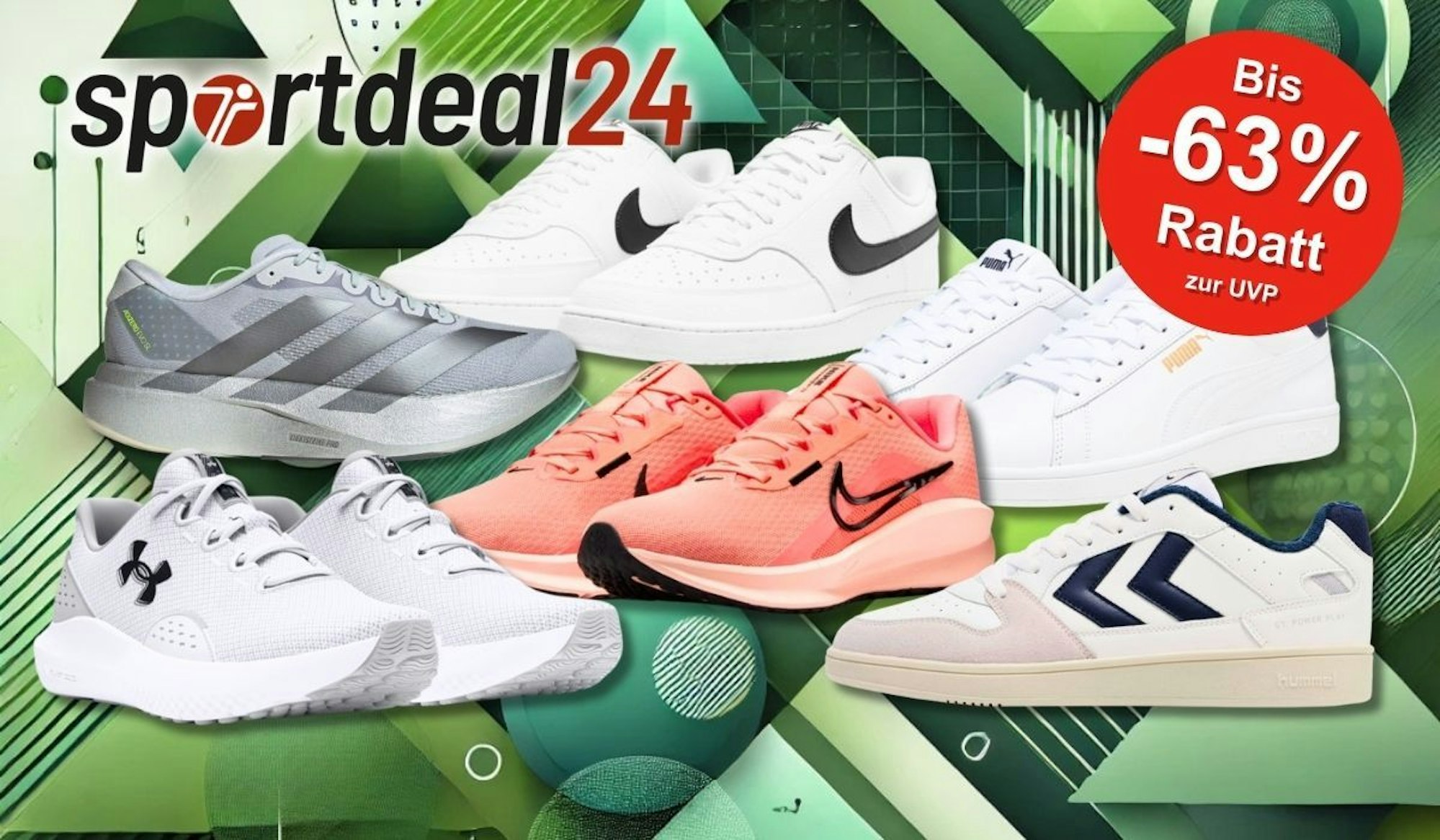 Sneaker Modelle von Top-Marken wie Nike, Adidas, Puma, Under Armour und Hummel vor einem grünen Hintergrund.
