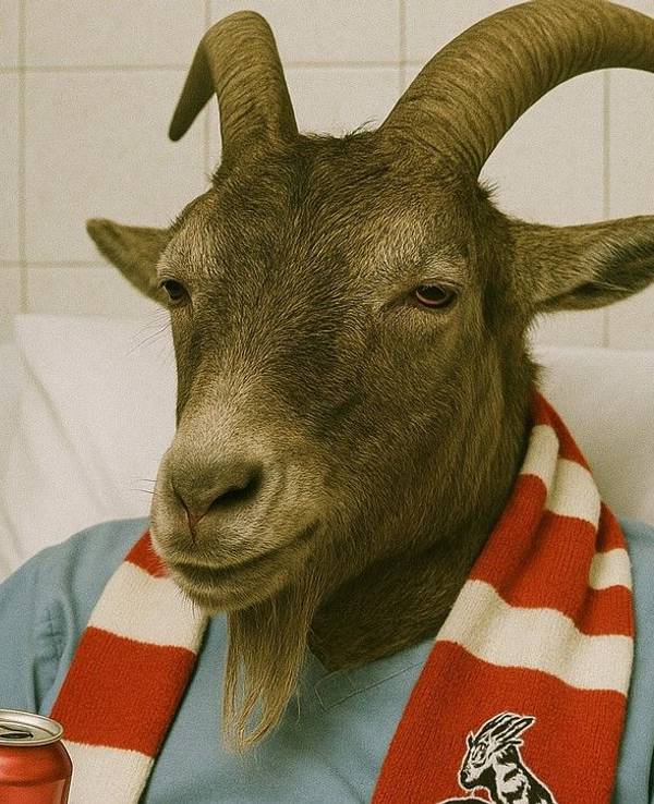Ein Geißbock mit FC-Schal hängt in einem Krankenbett am Tropf.