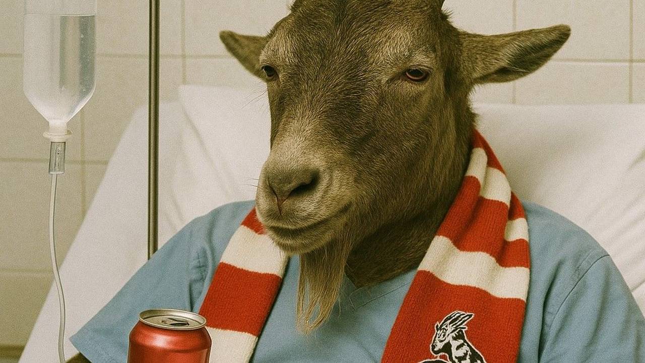 Ein Geißbock mit FC-Schal hängt in einem Krankenbett am Tropf.