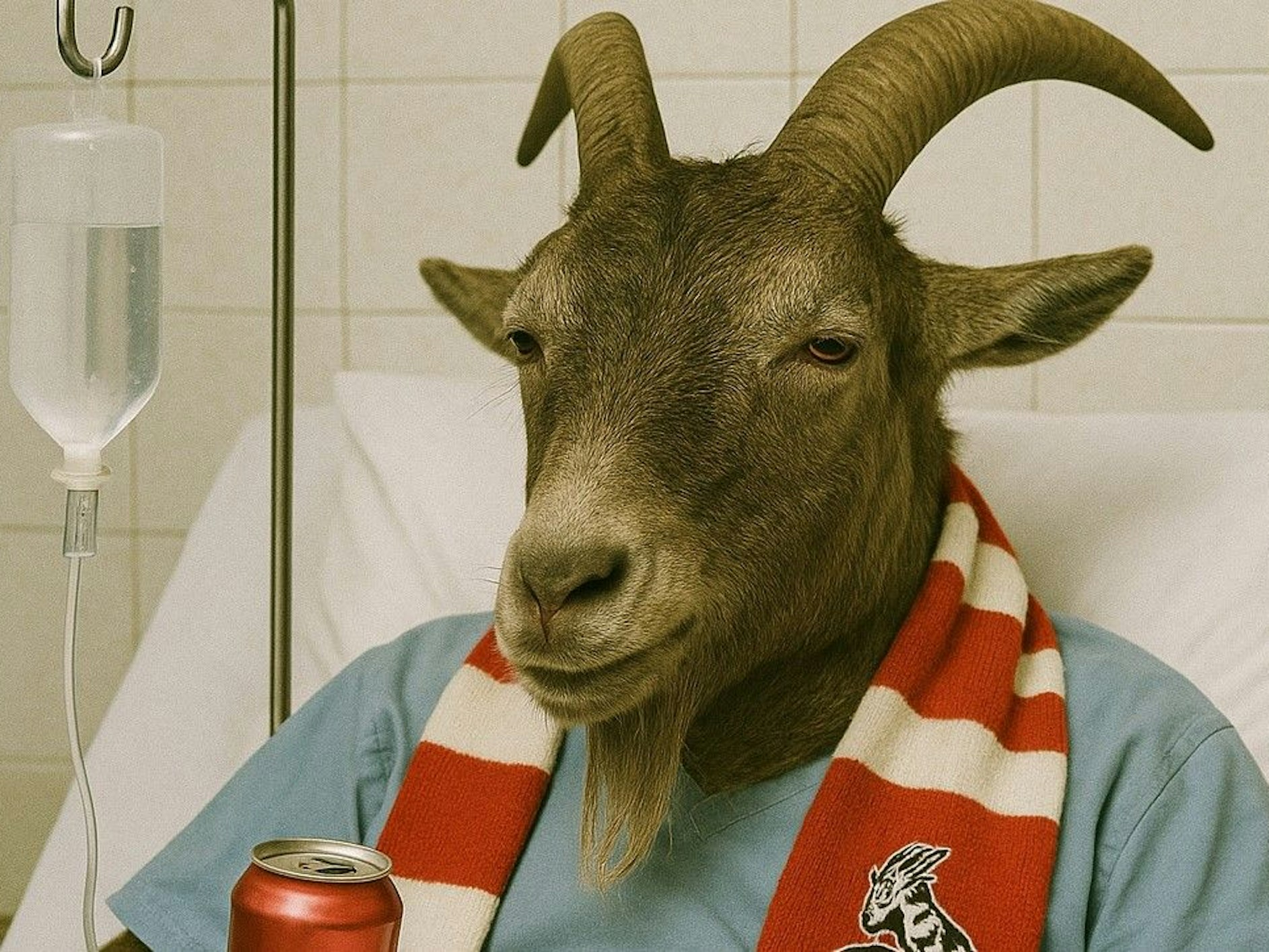 Ein Geißbock mit FC-Schal hängt in einem Krankenbett am Tropf.