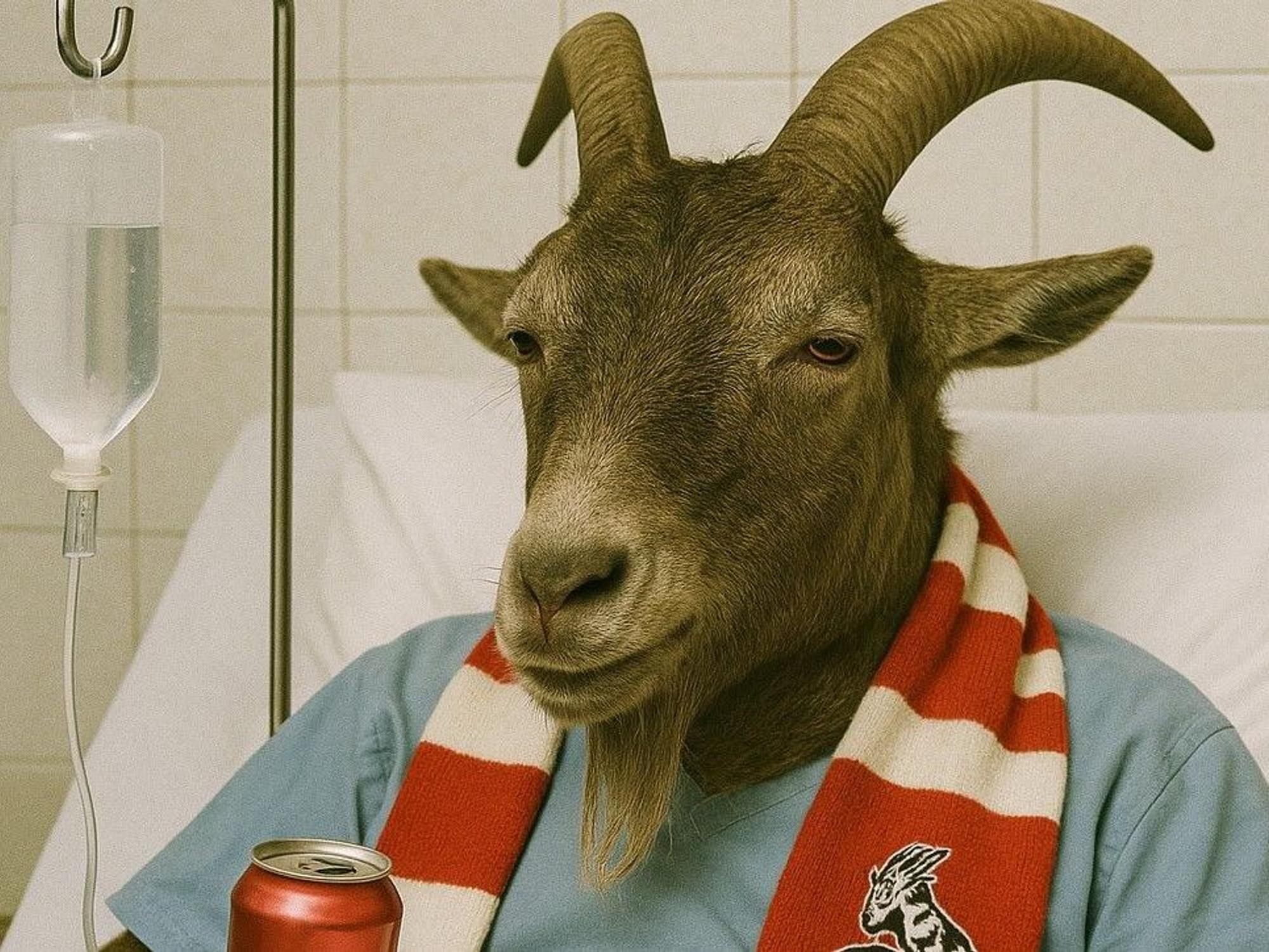 Ein Geißbock mit FC-Schal hängt in einem Krankenbett am Tropf.