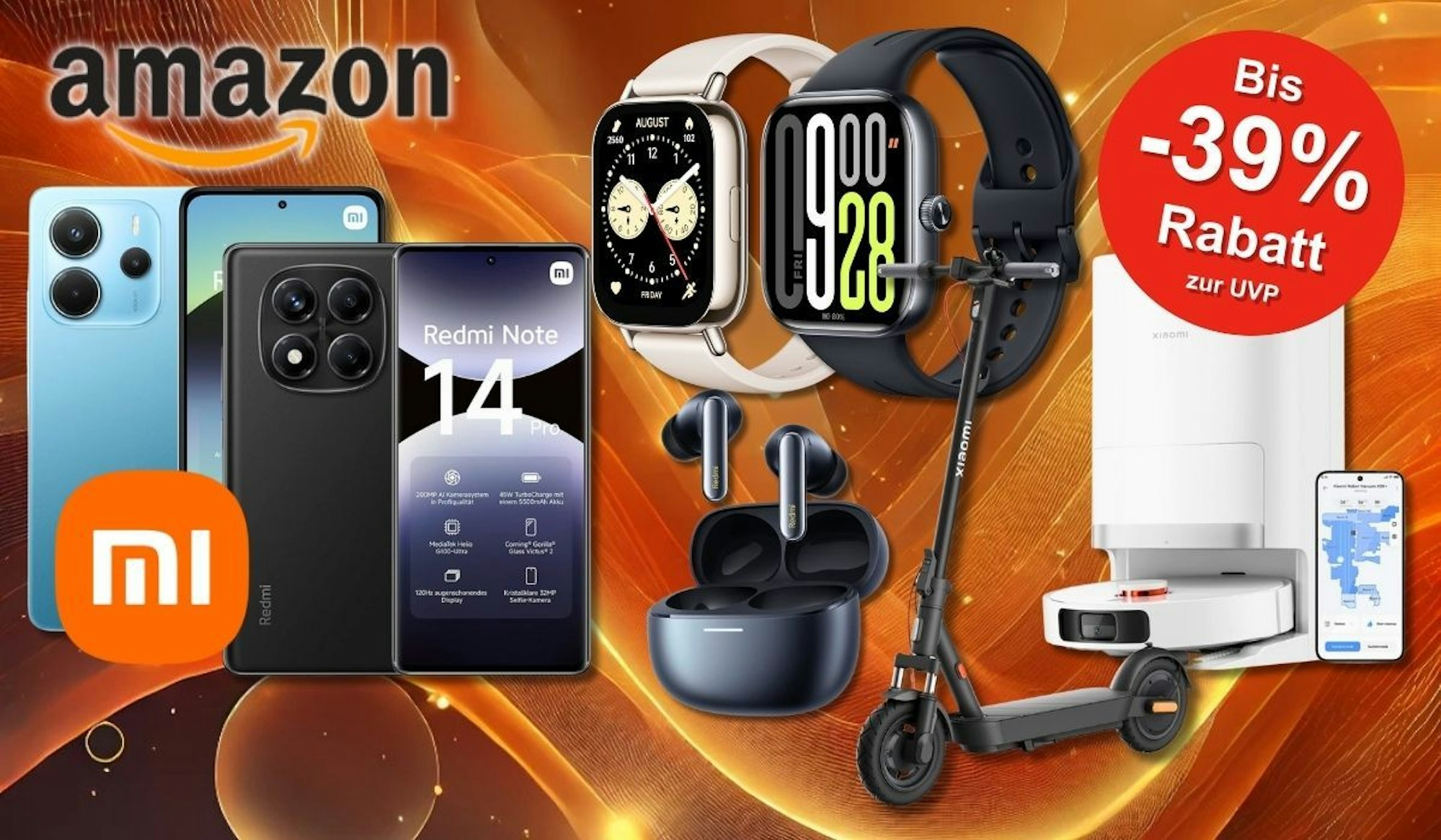 Verschiedene Xiaomi-Produkte wie Smartphones, Smartwatches, Kopfhörer, ein eRoller und ein Saugroboter, vor einem dynamischen, orangefarbenen Hintergrund